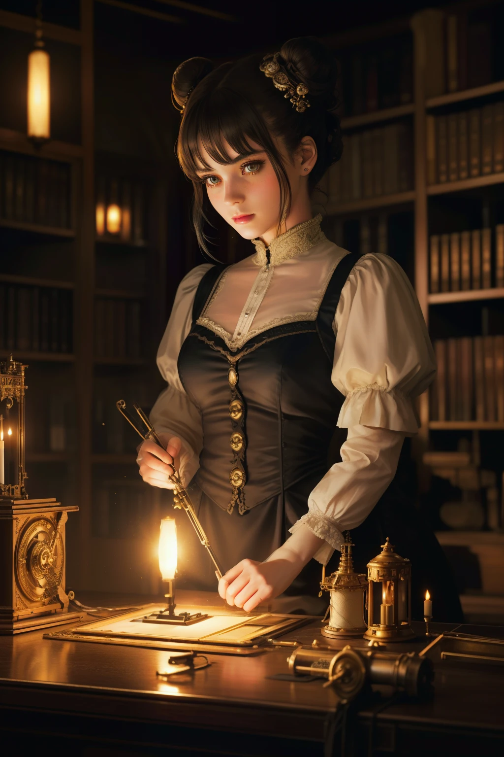 beautiful lady wearing a wrecked Victorian dress, surrounded by antiques, gaslights, masterpiece, best quality, 8k, alice