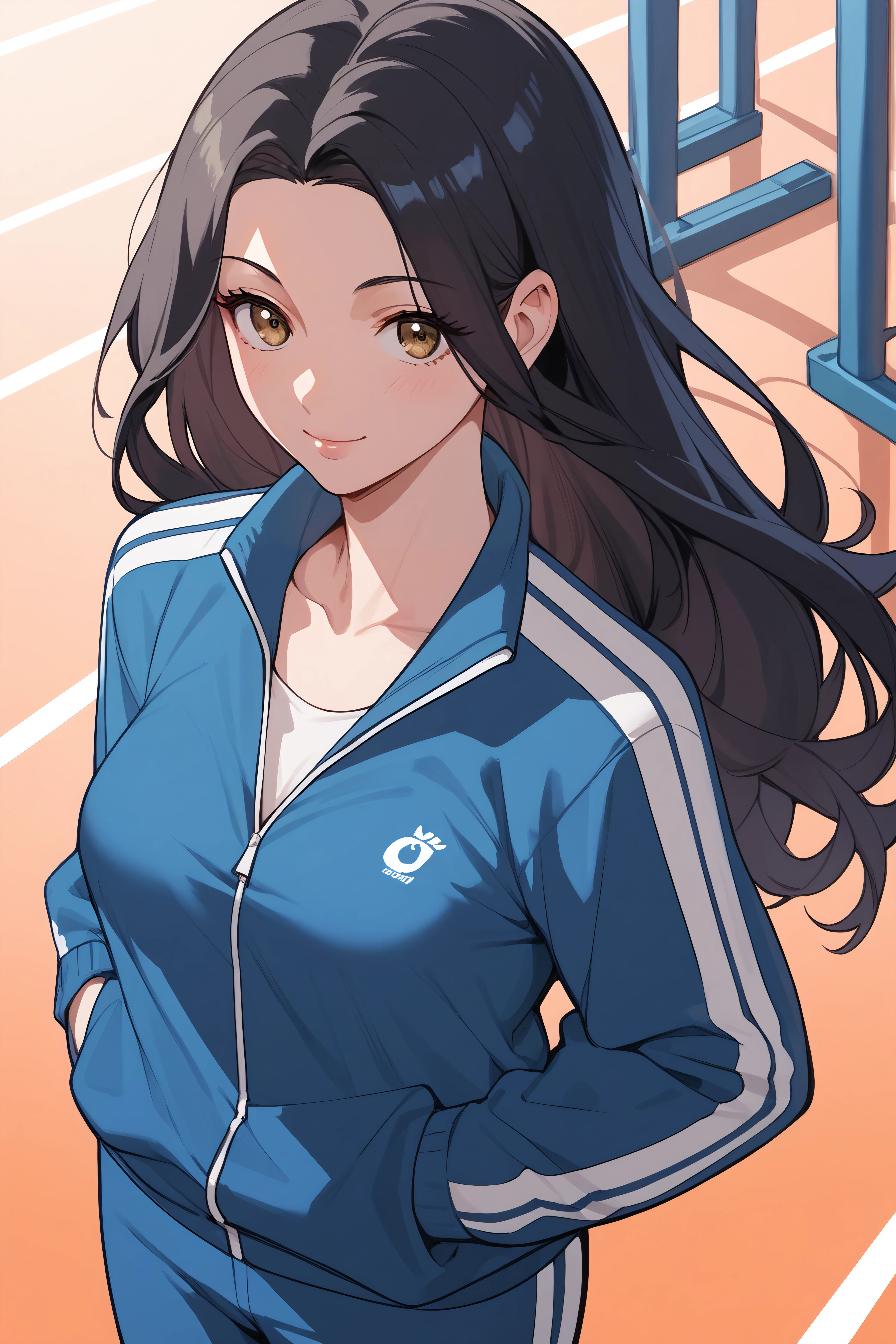 score_9, score_8_up, score_7_up, source_anime, <lora:Geum-Ok Yeon-PonyXL-lora-Faxtron:0.8> geum-ok yeon, brown eyes, black hair, long hair, medium breasts, track jacket, track pants,