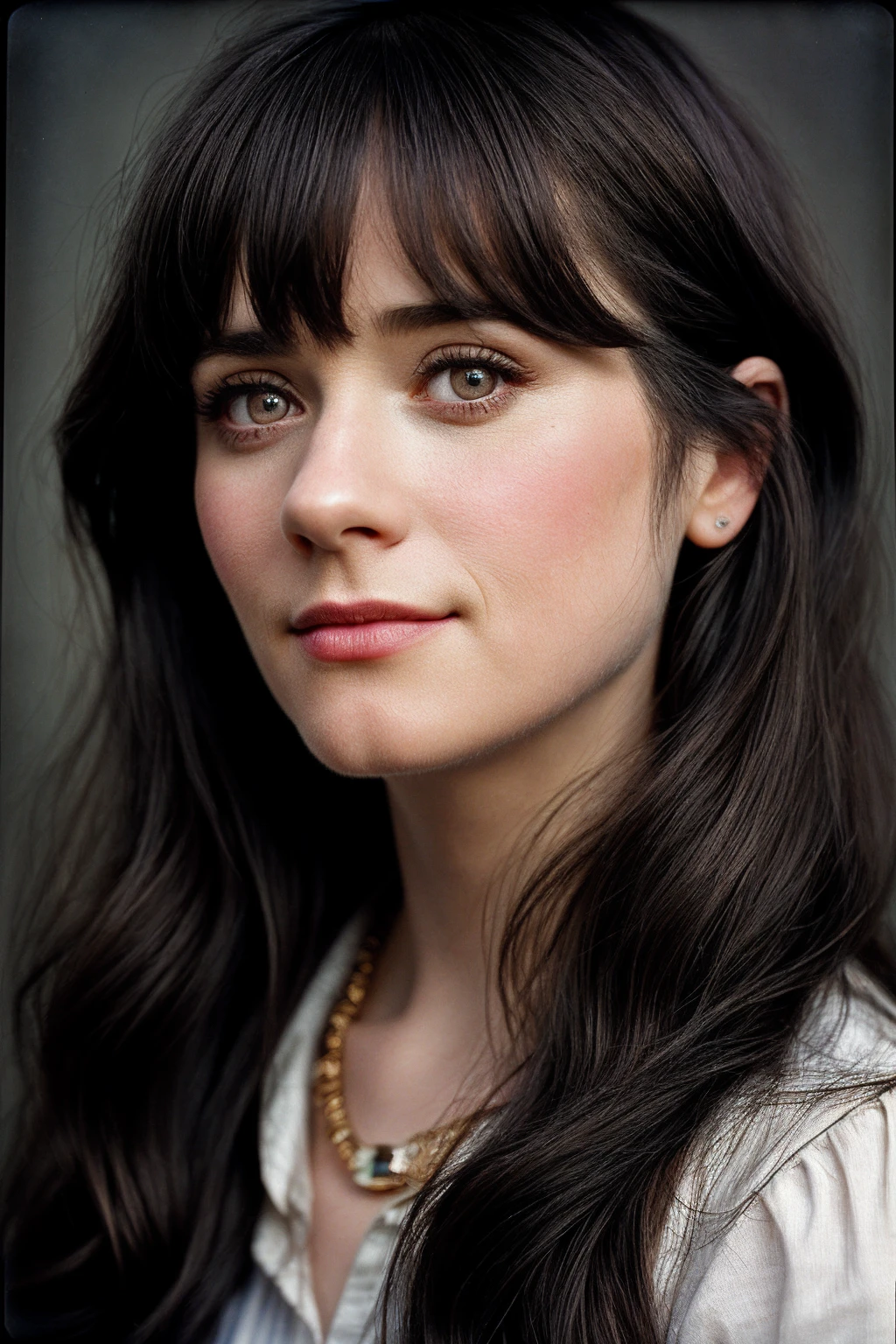 ZooeyD_SoloTI_v1,
<lora:add_detail:0.6>, a woman, perfect hair, posing, (vintage photo, tunic), (closeup portrait), necklace, 24mm, (tintype), (analog, cinematic, film grain:1.3), ((plaing Charcoal Gray background, gradient)), ((detailed eyes)), smiling, (epicPhoto)