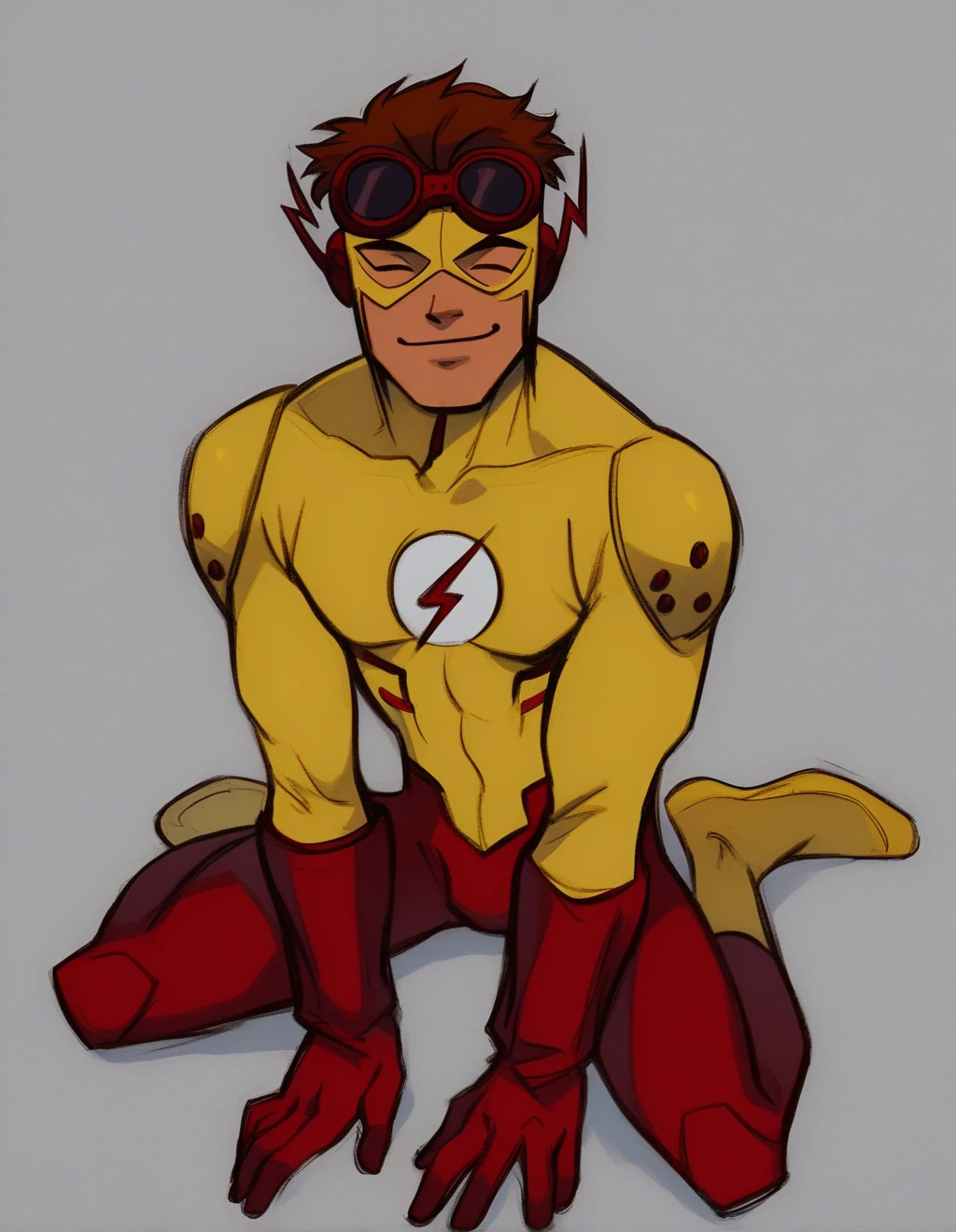 <lora:Wally_west:1> score_9, score_8_up, score_7_up, kid flash, solo, smile, short hair, brown hair, gloves, 1boy, male focus, bodysuit, mask, muscular, pectorals, muscular male, superhero, yellow bodysuit, domino mask, goggles, looking at viewer, sitting, looking up, looking at viewer, face focus, bedroom, full body, pov, cute, smile, closed eyes, happy,