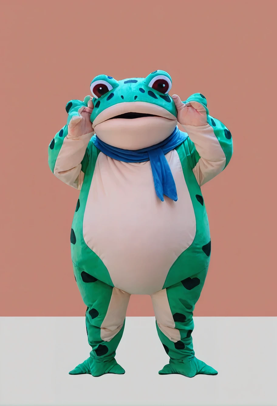 score_9,score_8_up,score_7_up,8k,hd,(((red background))),full body,,ruanyi0642,animal costume,blue scarf,frog,cowboy shot,<lora:0642 frog animal costume_v1_pony:0.9>