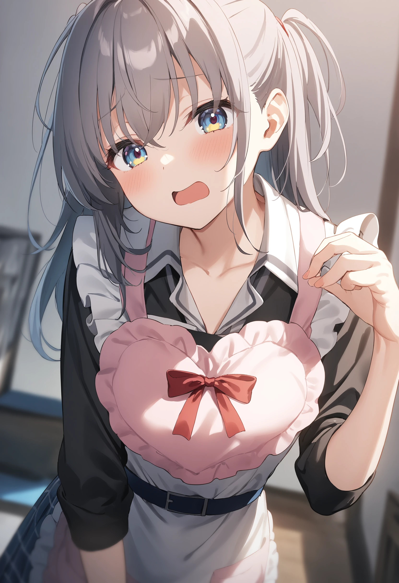 1girl,sincos, ningen mame, toosaka asagi,solo,medium breasts,school uniform,
heart apron,apron, frills, frilled apron, <lora:heartapron_XL_v1:0.6>
from behind, portrait, looking at viewer, silver hair, brown eyes,flustered, highland, open mouth, hime cut hair,,
best quality, very aesthetic, absurdres