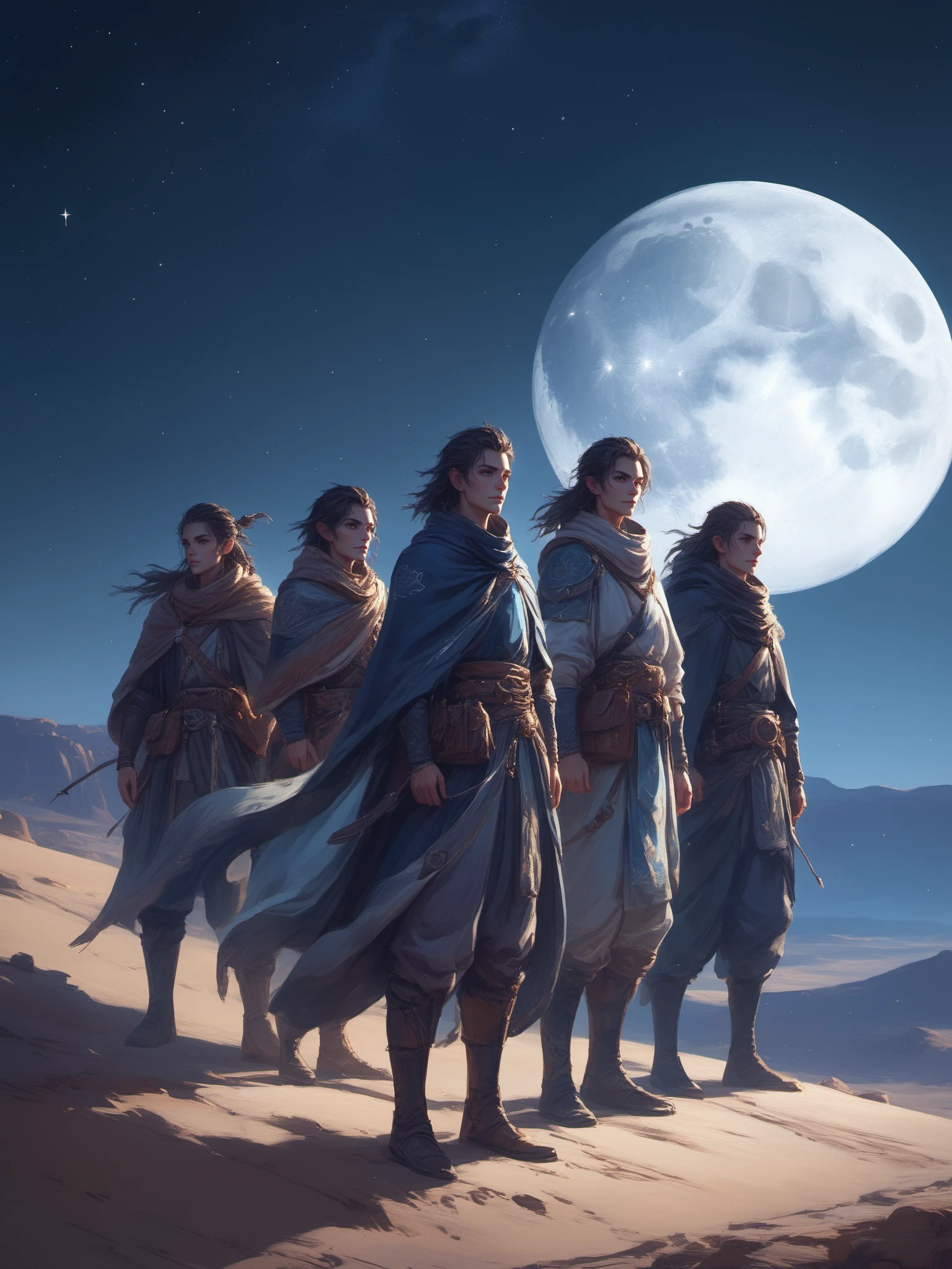 FRESHIDEAS,five adventurers overlooking a desert at night,moon is glowing bight with a sky full of stars,