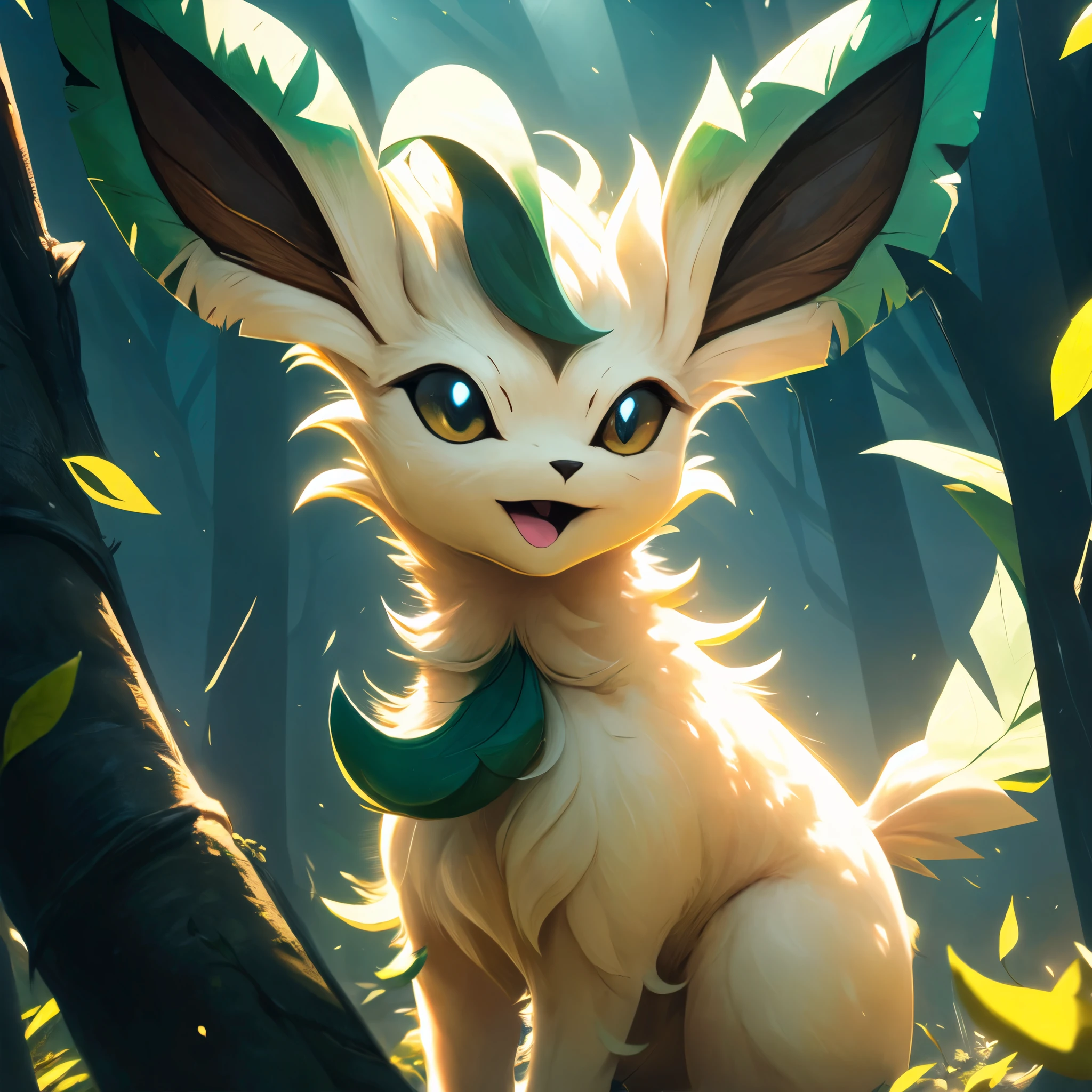 (HD), (ultra-detailed), (masterpiece), (best quality), (sharp focus), (cinematic lighting), (vibrant colors),     <lora:Leafeon_Pokemon_0470_SD_1.5:1> Leafeon, Pokemon, :D, forest, falling leaves, sunny