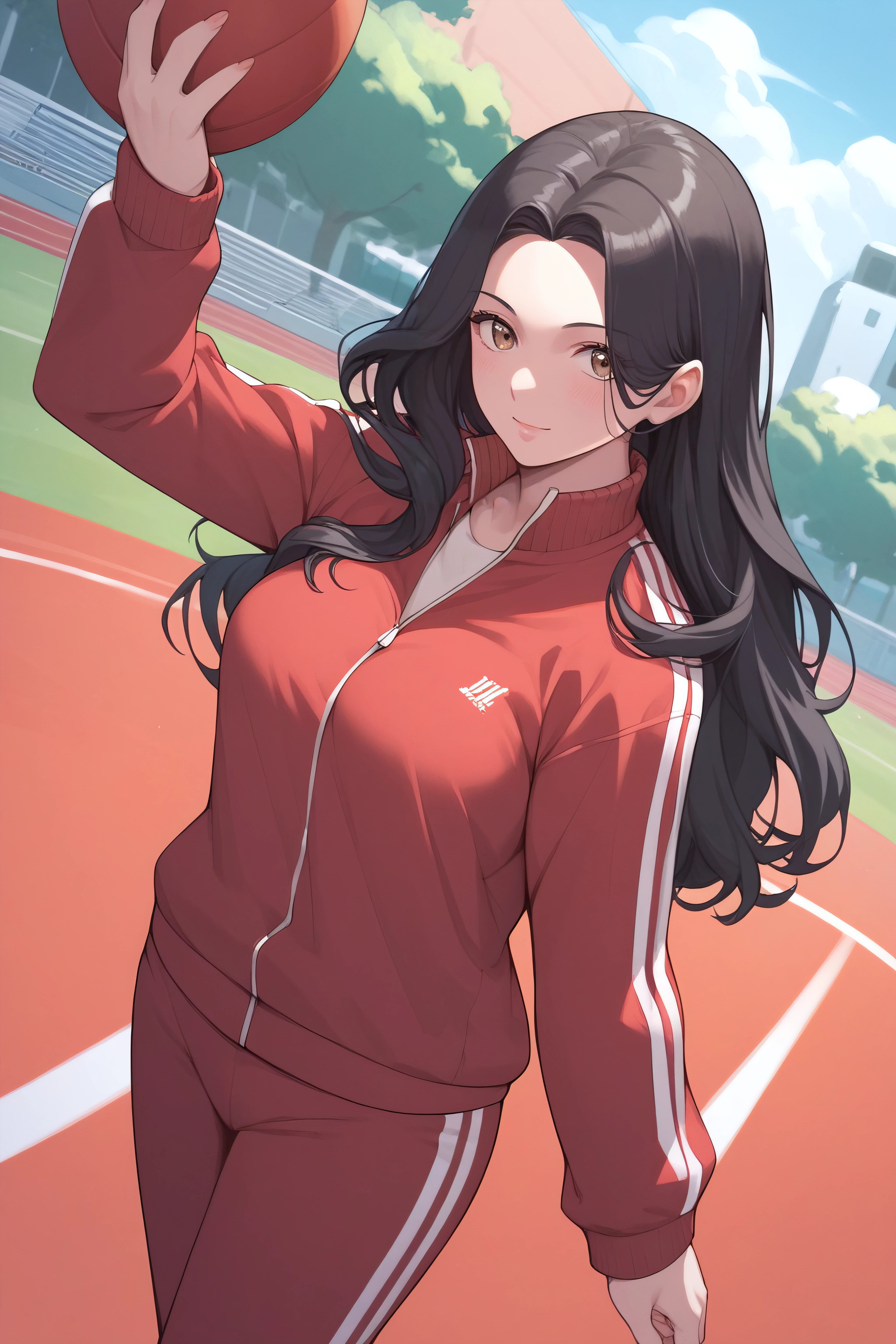 score_9, score_8_up, score_7_up, source_anime, <lora:Geum-Ok Yeon-PonyXL-lora-Faxtron:0.8> geum-ok yeon, brown eyes, black hair, long hair, medium breasts, track jacket, track pants,