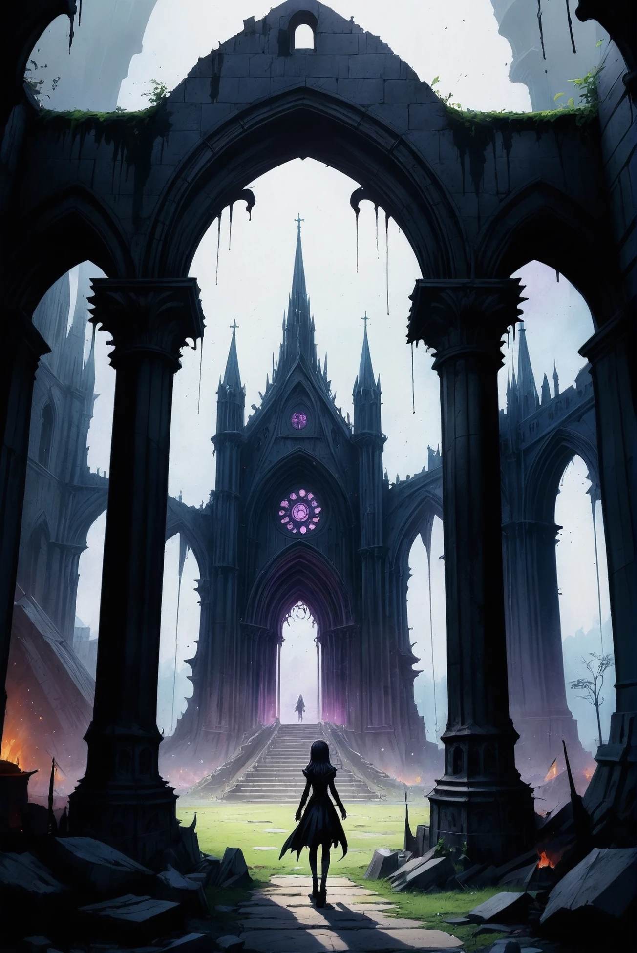 detailed dark anime sketch, full body, Gothic cathedral ruins in a cheerful fantasy topia at the beginning of the universe, masterpiece<lora:EnvyStarlightDarkAnime03:1.25>