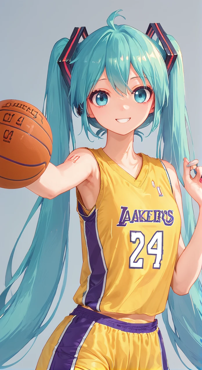 score_9,score_8_up,score_7_up,score_6_up,1girl,solo,upper body,smile, yellow shirt, basketball uniform,hatsune miku ,simple background,<lora:No.24 jersey_pony:1>