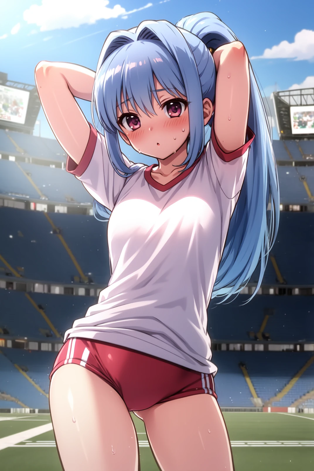  solo, masterpiece, best quality, outdoors, stadium, looking at viewer, :o, closed mouth, blush, standing, kubrick, pink eyes, blue hair, long hair, bangs, ponytail, white shirt, short sleeves, gym uniform, baruma, arm behind head, sweat