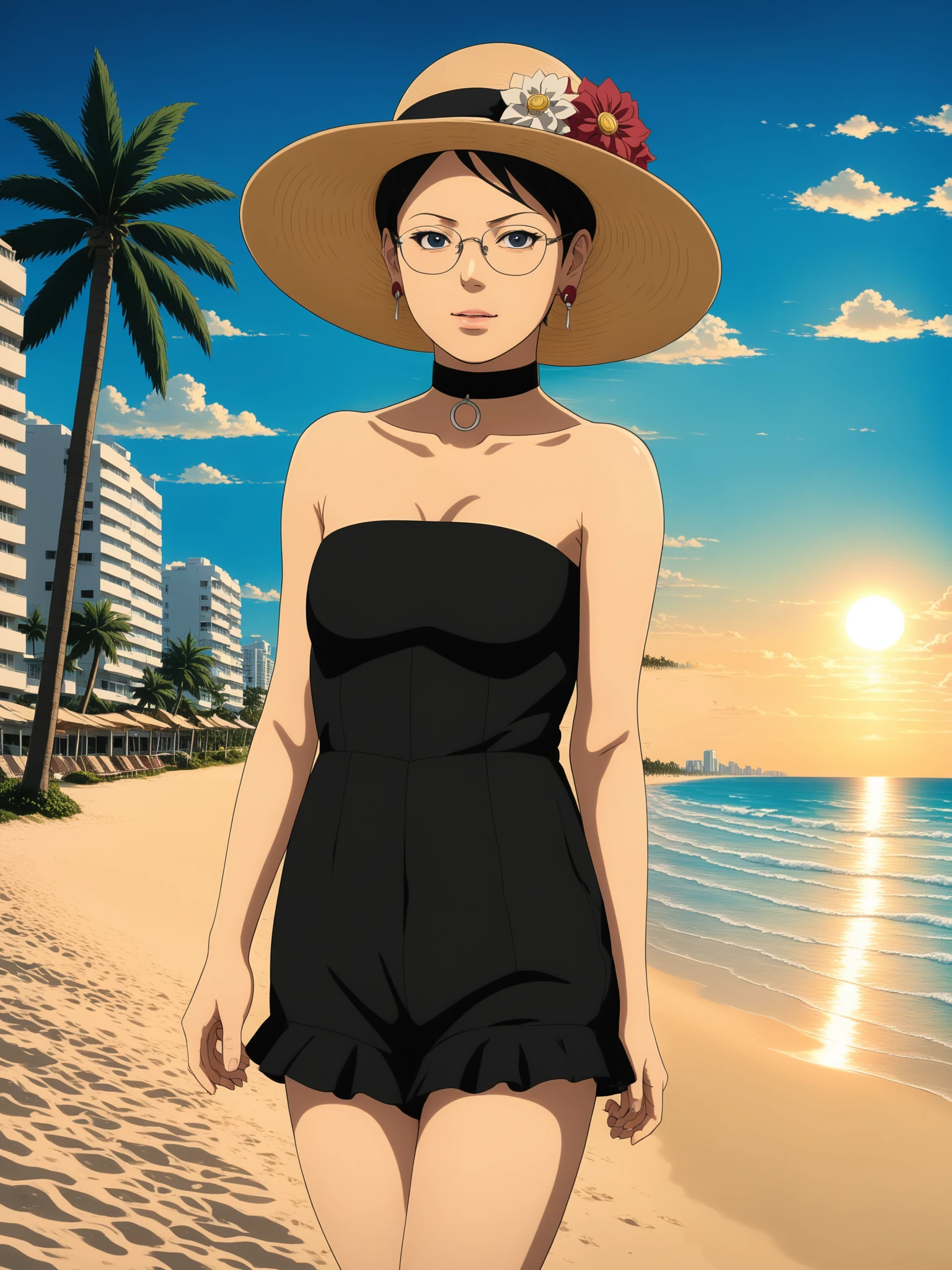 sarada uchiha, woman, florida outfit, alternate costume, glasses, earrings, o-ring choker, sun hat, hat flower, black romper, frills, standing, upper body, cowboy shot, dim lighting, intimate lighting, outdoors, palm trees, beach, miami beach in background, simple background, bokeh effect, realistic shadows, volumetric lighting, colorful, vibrant, in style of Masashi Kishimoto (anime coloring, anime screencap, Naruto anime style), <lora:add-detail-xl:1>, <lora:sarada_uchiha_sdxl_v1:1>,