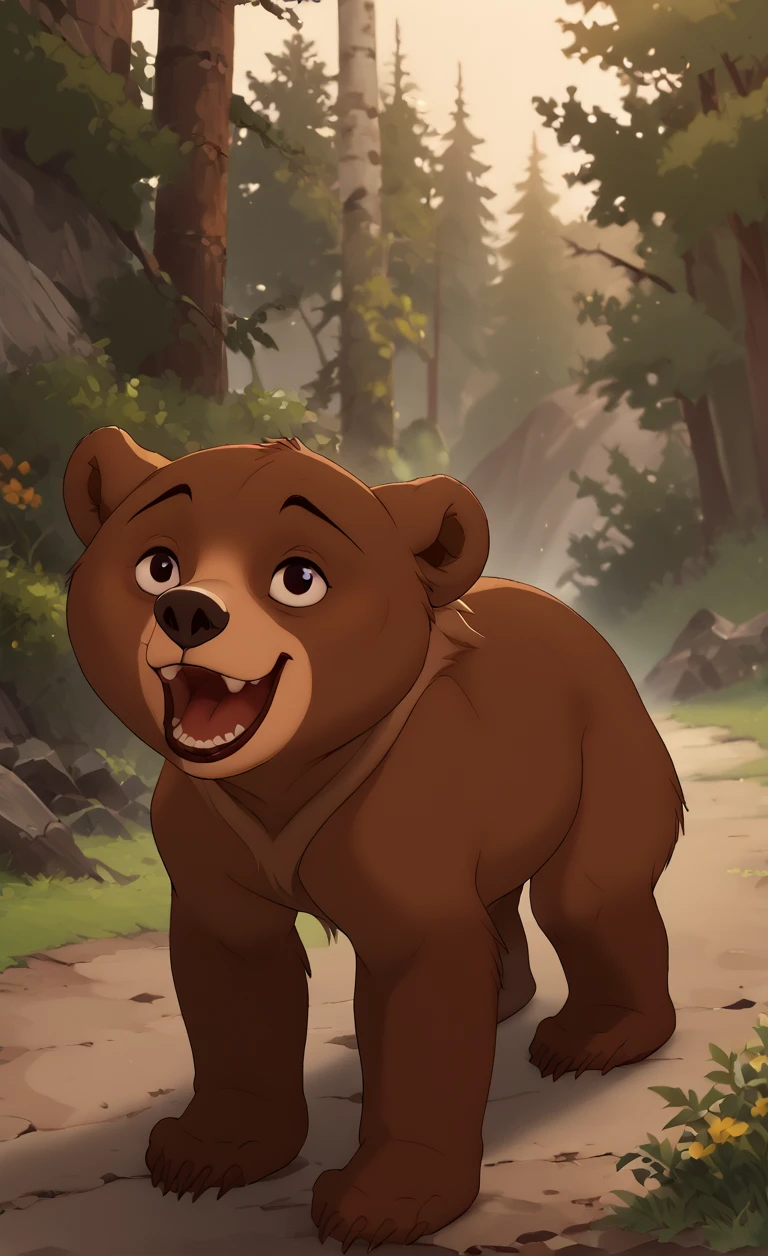 realistic, score_9, score_8_up, score_7_up, score_6_up, score_5_up, score_4_up, BREAK, source_anime, hyperrealistic, Koda a bear, view from behind, standing on hind legs, looking behind him, looking happy, Koda <lora:OtherStyle_02:1>
 <lora:Koda1:1> Koda, Brother bear