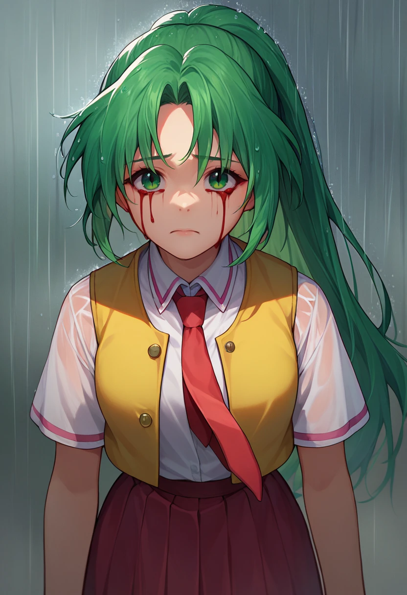 score_9, score_8_up, score_7_up, 1girl, bloody tears, <lora:Bloody tears-000009:1> <lora:MionCAME2:1> Mion Sonozaki, green eyes, ponytail, green hair, white shirt, red necktie, yellow vest, red skirt, looking up, rain, closed mouth, front view,