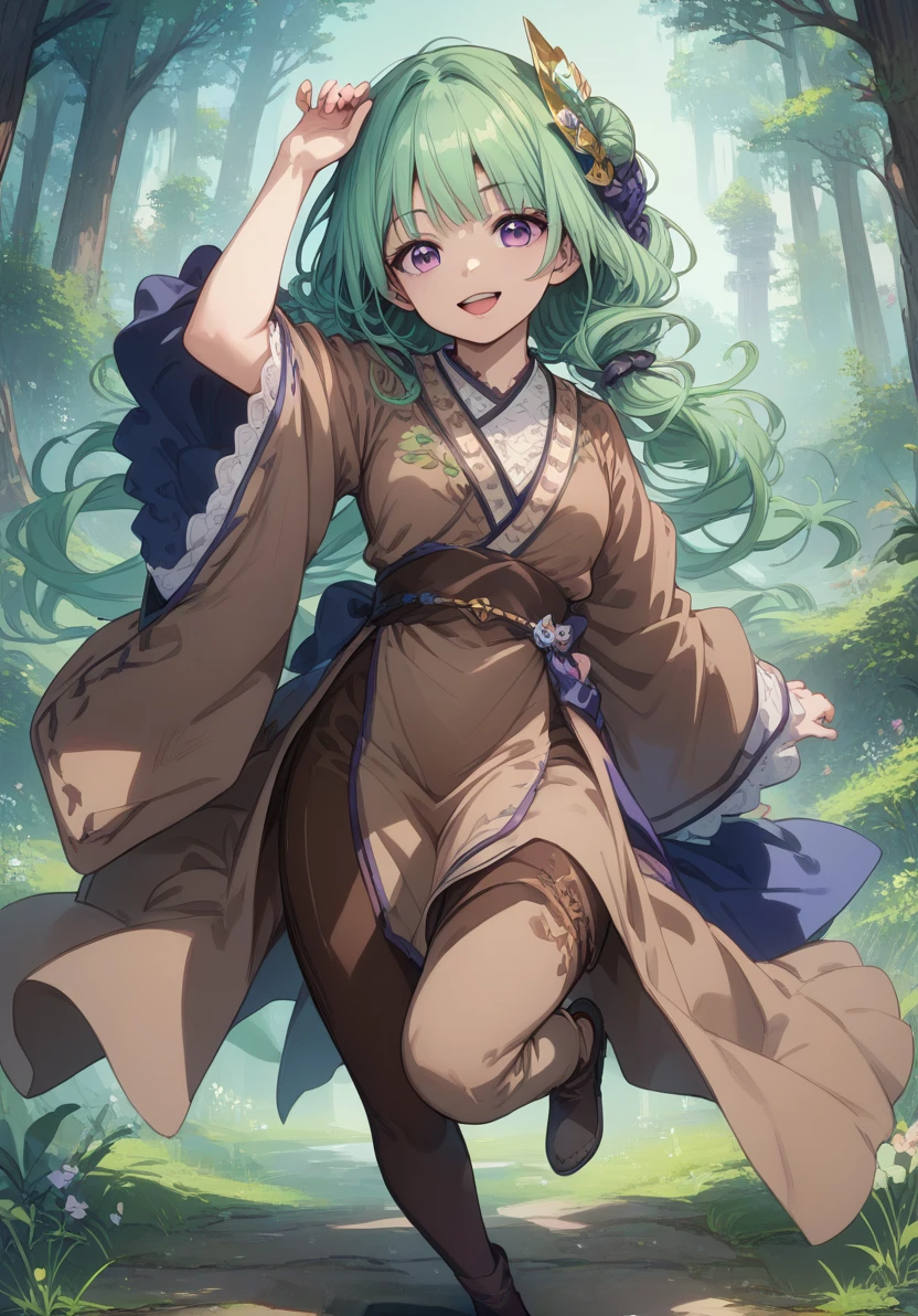 score_9, score_8_up, score_7_up, masterpiece, best quality, 1girl,  solo,  green hair, long hair, hair ornament, purple  eyes, full body, big chest,  looking at viewer, smile, open mouth, arm up, on one leg, <lora:KitsuneHanfuV1:1>, KitsuneHanfu, brown clothes