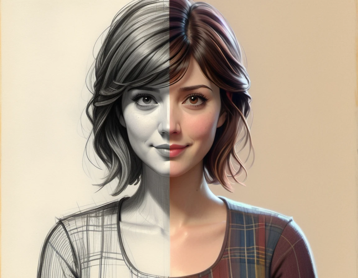 SketchSplit, Mary Elizabeth Winstead, shy smile, rough pencil sketch, digital painting