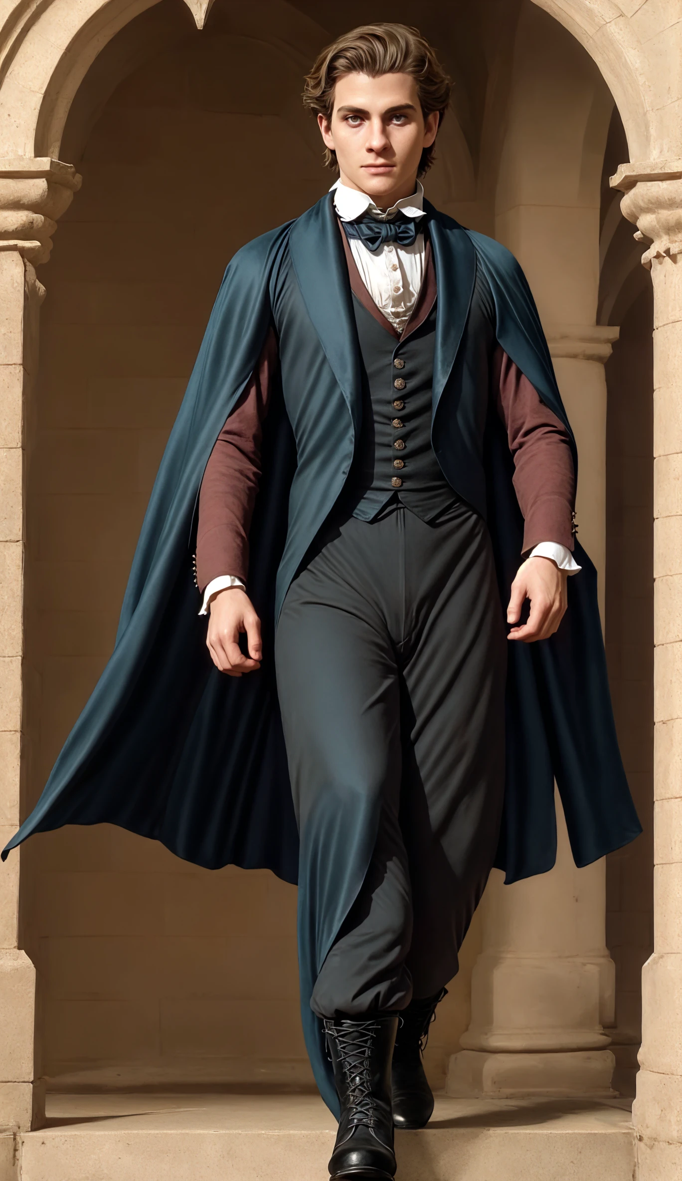 (face focus). (masculine:1.3), (large strong physique:1.0), walking through gothic courtyard:1.2, (wearing formal aristocratic suit and pants:1.3), ((19th century clothing style:1.3)), (wearing huge large long flowing cape:1.3), (wearing matching pants and boots:1.2), (fantasy theme:1.3), styled hair, confident, handsome, (((masterpiece))), (((best quality))), (dignified pose:1.2), male, athletic, looking at viewer, (short hair), lower color saturation:1, lower contract color:1 <lora:OminisGaunt (1):1>