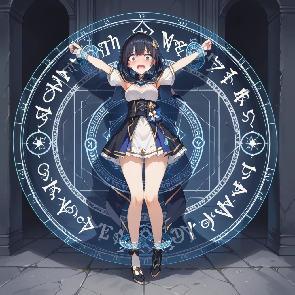 score_9, score_8_up, score_7_up, best quality, masterpiece, source_anime,  BREAK, scared, blush, arm up.  1girl, <lora:restrained_magic_circle:1>magic circle, restrained, full body