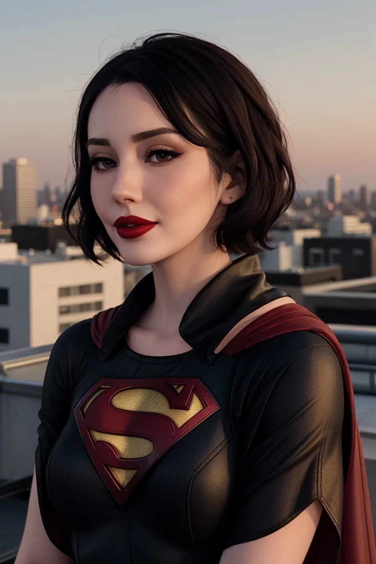 <lora:laurenchen-08:0.5>,,laurenchen,((red lipstick, blush, pale skin)),  ,photo of a woman, RAW, ((superman costume, superman logo, cape)),((short hair, pixie cut, messy hair, black hair)), ((rooftop, city, at night)), 8k uhd, dslr, soft lighting, high quality, film grain, Fujifilm XT3 sharp focus, f 5.6,((red lipstick, blush)) , slight smile