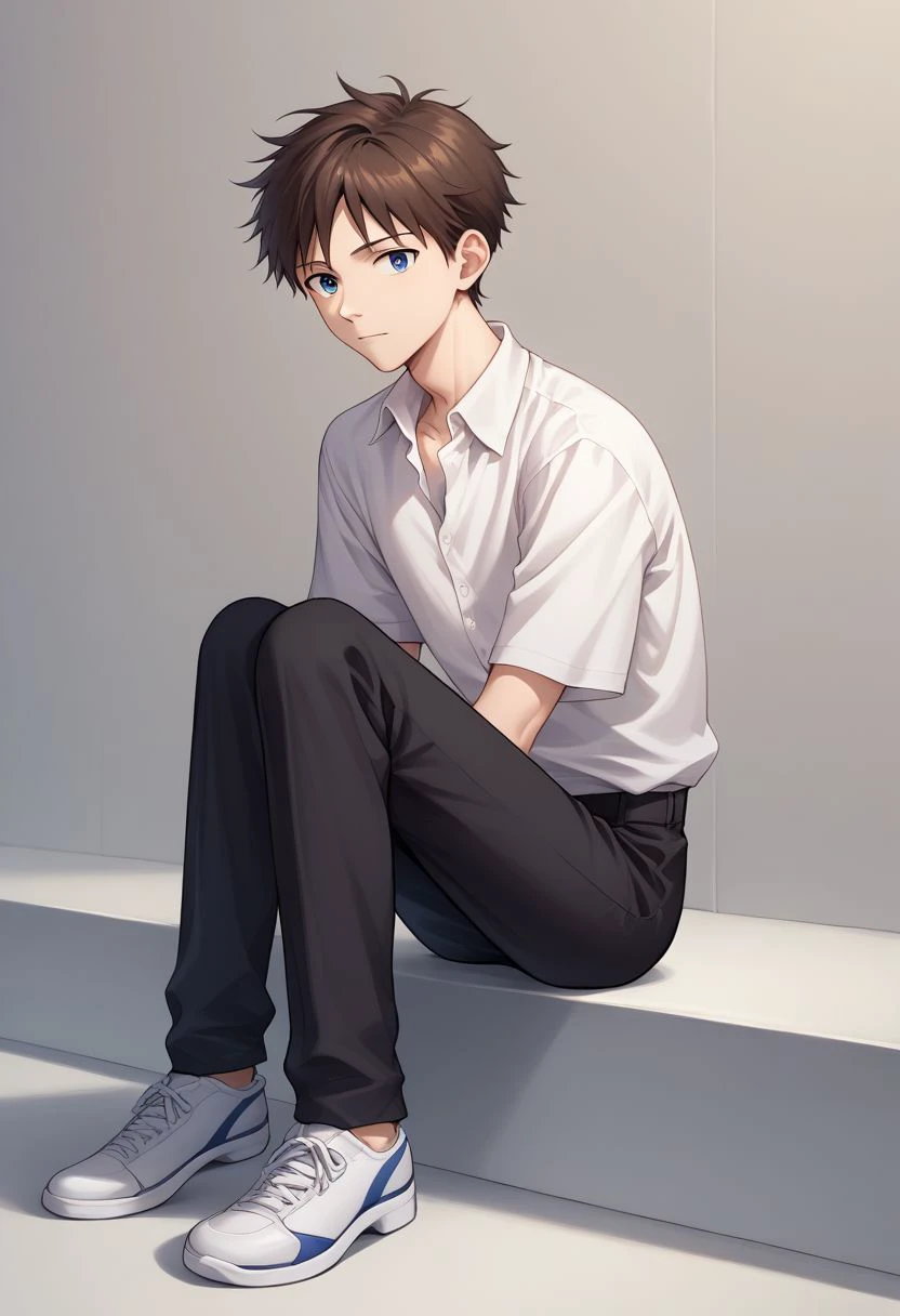 score_9, score_8_up, source_anime, highly detailed, 1boy, solo, male_focus, skinny,
shinji, 1boy, male focus, solo, blue eyes, brown hair, shirt, white shirt, collared shirt, black pants, shoes
indoor, sit,