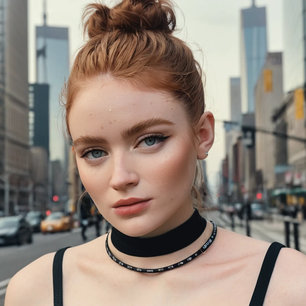 (Skin Texture, pores, natural,iPhone,RAW), natural lighting, Highest Quality closeup Portrait photo of a pretty woman,black thin choker, clear lipgloss, Nikon Z9, realistic matte skin,  blurry city in the background, 8K, symmetric, whole face, saxsnk,  <lora:sasink_juggerX_xl_2_st-saxsnk-000088:1>