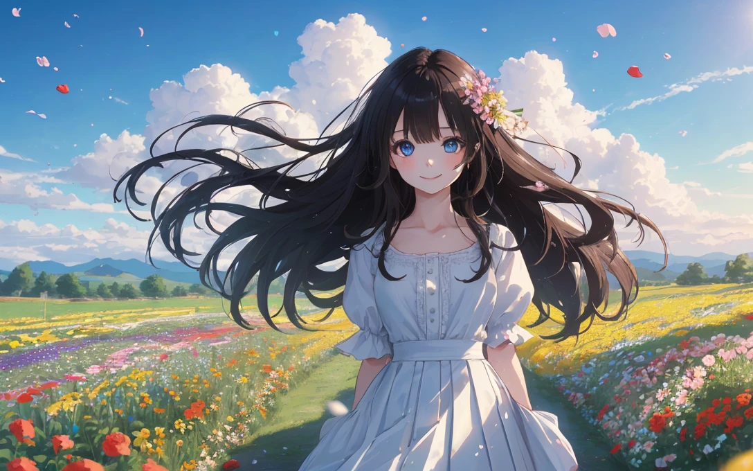masterpiece,best quality,extremely fine and beautiful,perfect detailed,best illumination,best shadow,an extremely delicate and beautiful,HDR,(Cloud gap light:1.2),bloom,Chromatic Aberration,Photorealistic,extremely detailed,((1 little girl,cute,)),(young girl:1.3),((((detailed beautiful eyes)))),((face focus))),(deep brown hair,very long hair),((bright blue eye)),bright hair,Blushing,(((a big smile))),hair blowing with the wind,skirt blowing with the wind,((white skirt,grace,puffy sleeves,)),detailed skirt,detailed clothes,standing in a vibrant field of flowers,a gentle breeze stirring her hair,(stands in the garden),(Colorful flowers:1.2),in summer,mystical nature,sunlight casting a warm glow on her,detailed flower,upper_body,looking at viewer,capturing a moment of blissful serenity,in spring,Boundless fields of flowers,hills,(landscape,Spectacular cumulonimbus clouds,beautiful detailed sky),Colorful clouds,Colorful sky,wind,(((((Flowers in the foreground of the picture))))),((strong rim light,luminous particles,wind)),(depth of field),lens flare,(bokeh),(face focus),(cinematic lighting),ray tracing,<lora:cutegirl25d:0.3>,<lora:飿 ¼FujifilmVELVIA(NychStyle):0.5>,
