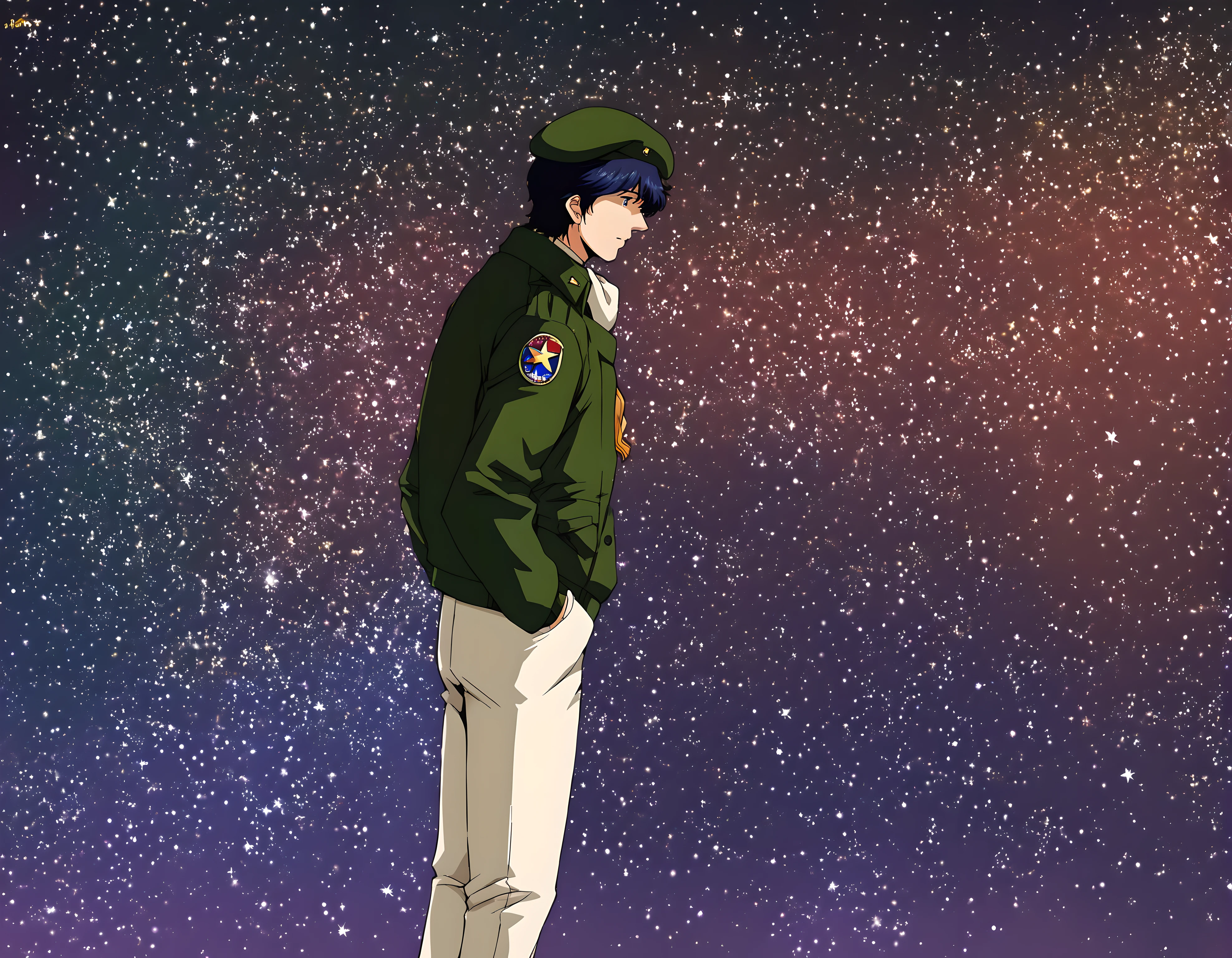 <lora:pony_xl_Yang>,Yang,score_6,score_7_up,source_anime,1male,male,solo,male focus,green beret,ascot,military,green jacket,military uniform,white pants,black footwear,pants pockets,hands in pockets,star \(sky\),space,hyper_galaxy,focus,full_shot,shaded_face,standing,stars,landscape,starry_background,black_background,sparkle_background,from_side,cowboy_shot,no ground,