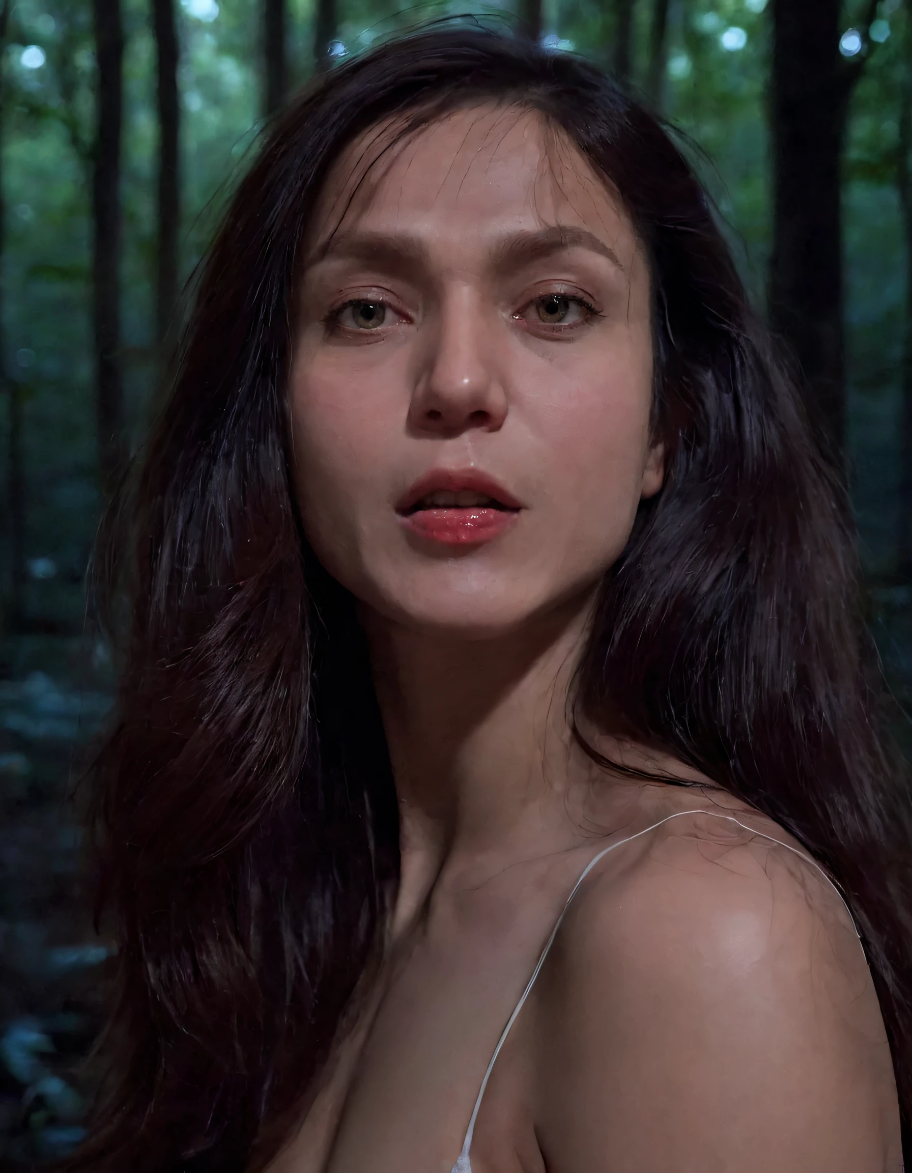In the dimly lit, ethereal haze of a moonlit forest clearing, Kamila stands alone, her long, dark hair cascading down her back in waves, framing her face with its striking features: brown eyes that hold a world of secrets and red lips parted ever so slightly as she gazes intently into the distance, lost in thought or perhaps entranced by some otherworldly force. Her lips glisten under the soft, silvery light filtering through the dense canopy above, casting a mystical glow upon her visage and illuminating every curve and contour of her figure. The emotional tone is one of both serenity and melancholy, as though this ethereal beauty is caught between two worlds, forever yearning for something just beyond her reach. <lora:uzlwhs18fde32e149p693:1>