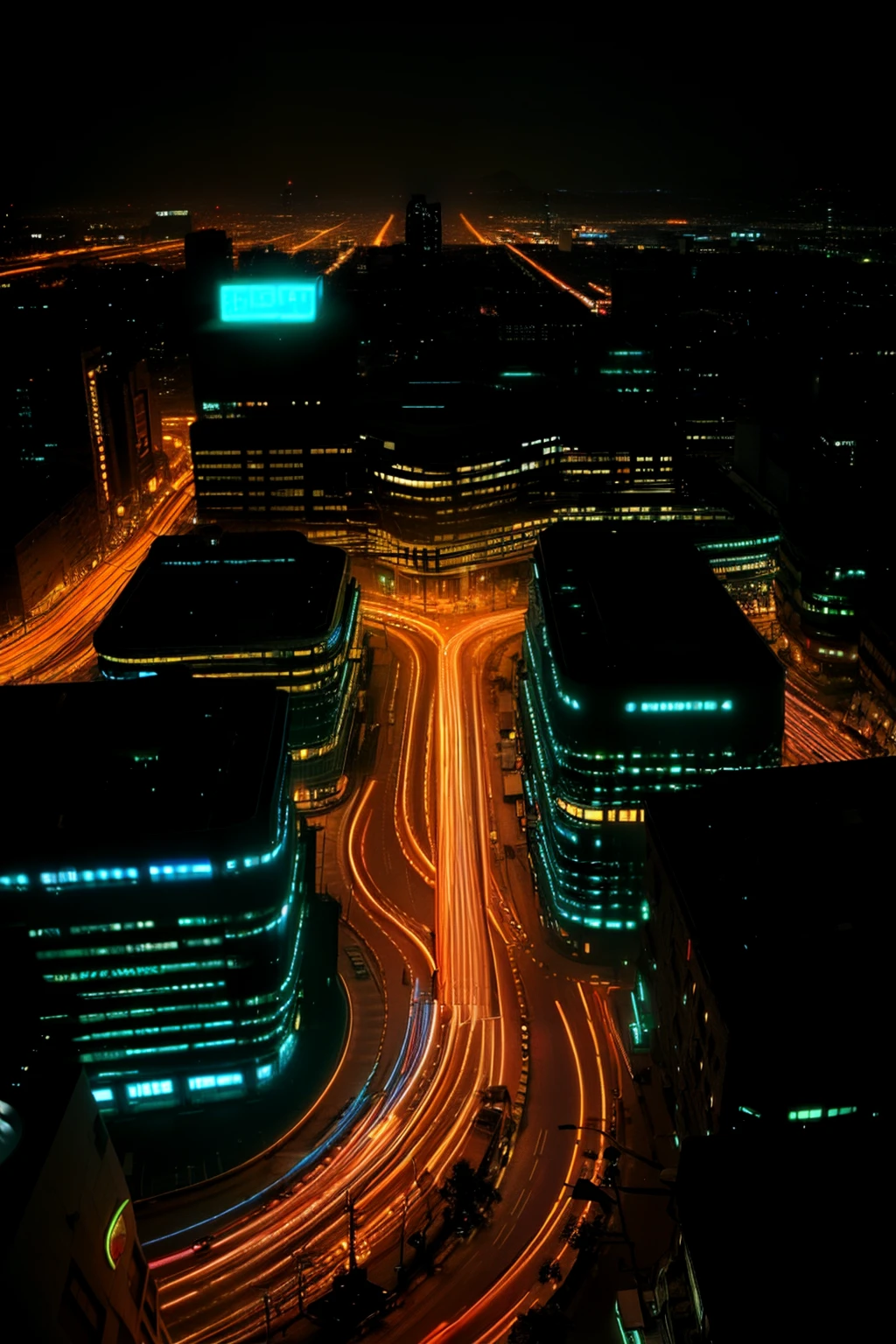 dystopian city, evening light,  neon lighting,  (winding light trails,  gridlock, square city grid), <lora:bladerunnerv2-1:0.5>  bladerunner, light contrast , from above