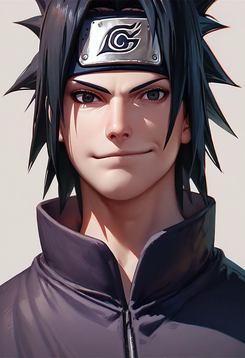 score_9,score_8_up,score_7_up,score_6_up,score_5_up, 
masterpiece, best quality, solo, smirk, looking at viewer, hand on hip, close up, face focus, 
1boy, sasuke uchiha, \(Naruto\), black hair, spiky hair, black eyes, ((Genin, forehead protector, shirt, sleeves, shorts, sandals,