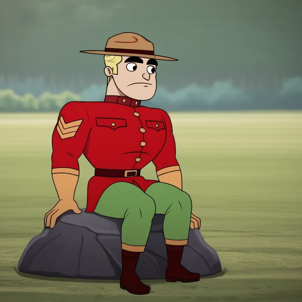 score_7_up, BREAK, StraitMccool, 1boy, blonde hair, thick eyebrows, black eyes,  hat, uniform, red uniform, muscular, green pants,  <lora:StraitMccool_FAI_PXL_Leaf1:0.8>, outdoors, blurry background,  sitting on rock