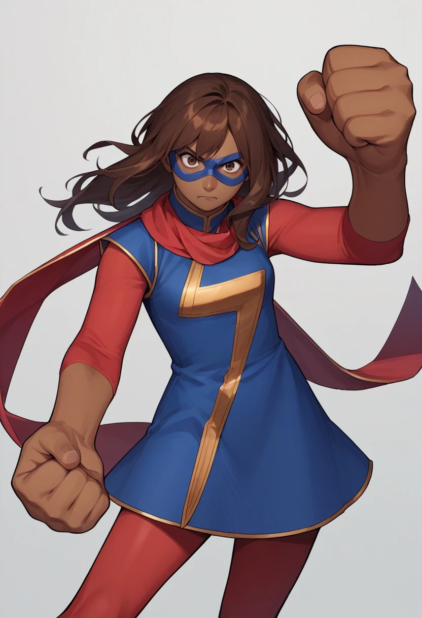 score_9, score_8_up, source_anime,
1girl, kamalakhan, brown hair, long hair, brown eyes, dark skin, mask,
red scarf, blue dress, red pantyhose,
clenched hands, fighting stance, reaching viewer,
solo, closed mouth, looking at viewer,  solo, simple background    <lora:KamalaKhanXL:1>