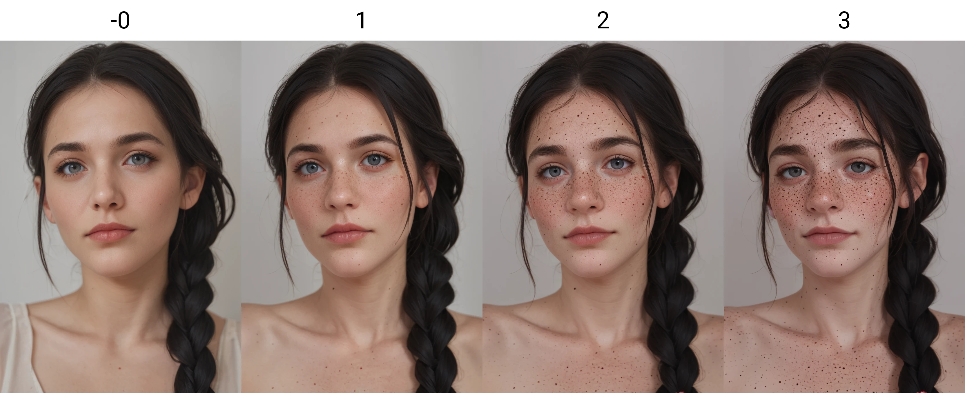 woman, portrait, <lora:Freckles Slider_alpha1.0_rank4_noxattn_last:-0>, ((black hair)), facing viewer, braided hair,