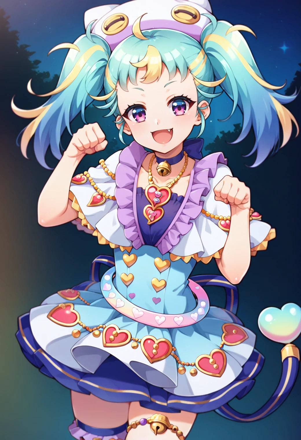 score_9, score_8_up, score_7_up, hd, (ultra hd quality details),
solo, 1girl, myamupri, twintails,
mymdefbluedress, hair ornament, choker, collarbone, neck jingle bell, animal hat, white capelet, frills, jewelry, belt, thighlet, purple ribbon, back ribbon, tail, heart,
smile, fang, looking at viewer, open mouth,
standing, paw pose,
<lora:_myamu-elesico-e12:0.85>