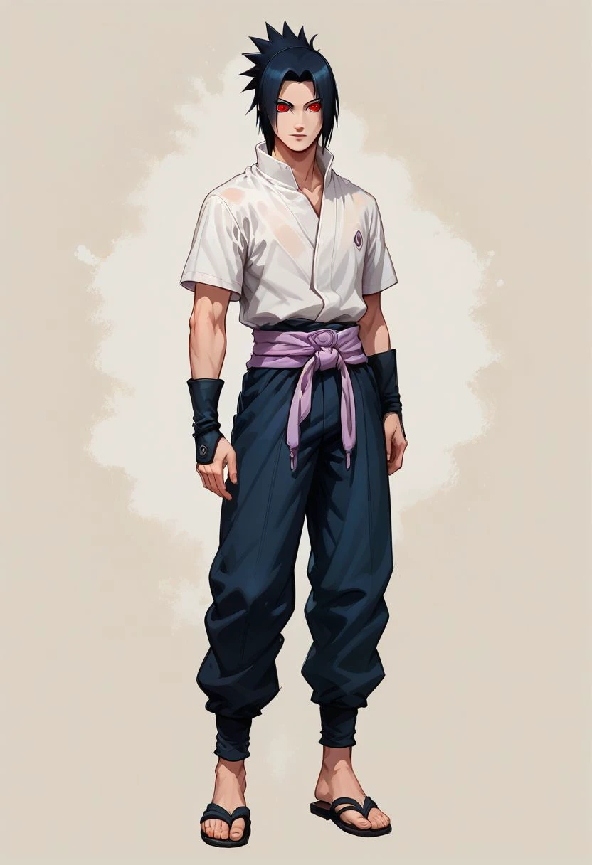 Faded Headshot, faded bottom, faded edges ,score_9,score_8_up,score_7_up,score_6_up,score_5_up,
1boy, sasuke uchiha, \(Naruto\), black hair, spiky hair,
Ronin, white shirt with short sleeves, black arm guard, light purple belt, pants, sandals, Mangekyou Sharingan eyes, sharingan eyes, red eyes, Symbol-shaped pupil,
, digital illustration, disney, rule 63, full body, perfect anatomy, perfect face, butt showing esthetically, abstract beauty, beautiful, centered, looking at the camera, approaching perfection, dynamic, moonlight, highly detailed, watercolor painting, artstation, concept art, smooth, sharp focus, illustration, 
(upper body:1.2), (close up:1.5), portrait,