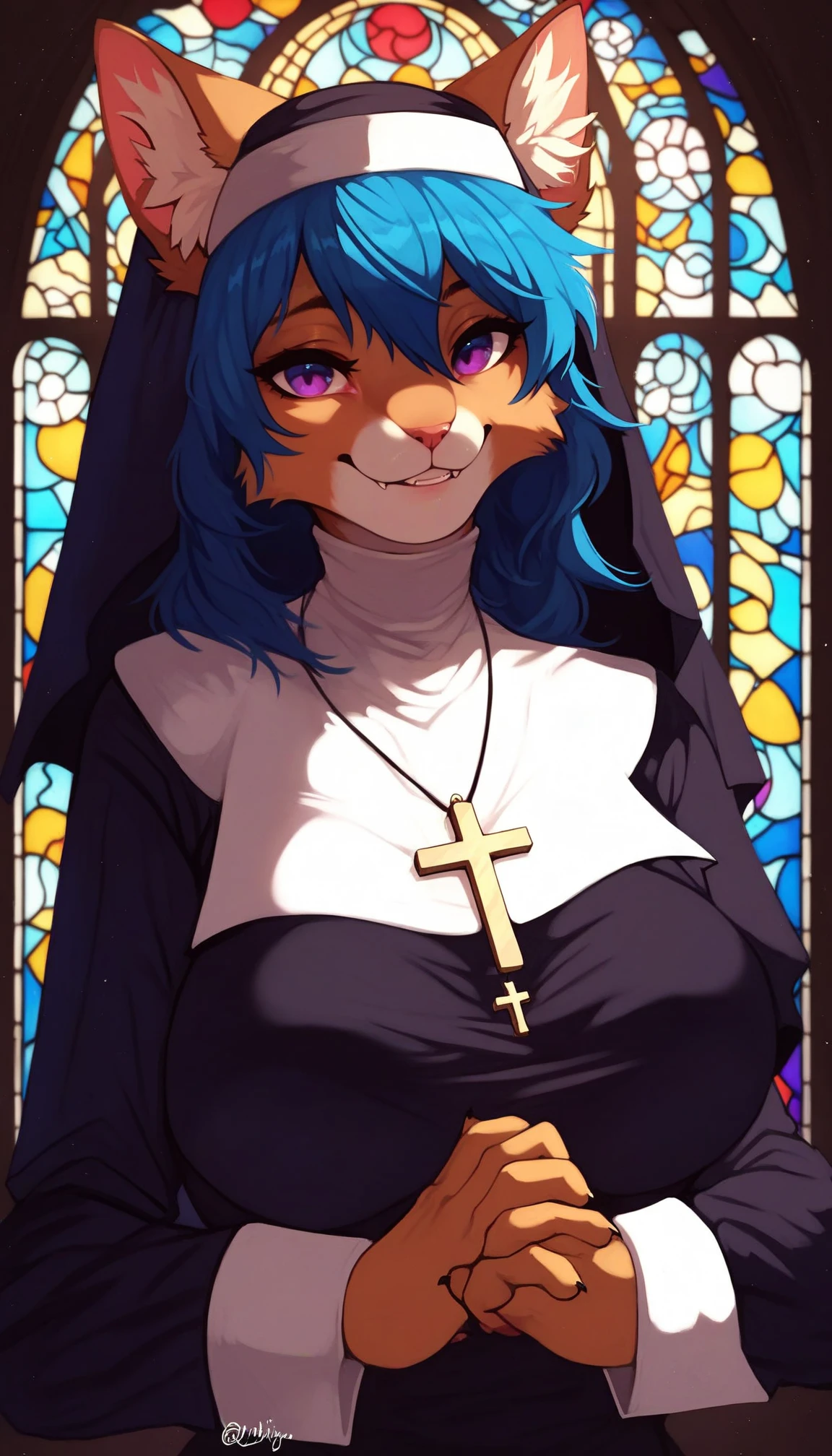 zPDXL, score_9, score_8_up, score_7_up, score_6_up, score_5_up, score_4_up, <lora:Hizuki:1>,animal ear fluff,animal ears,animal nose,anthro,anthro only,bangs,blue hair,body fur,breasts,candle,cat ears,cat girl,church,cross,cross necklace,domestic cat,dress,feline,female,furry,furry female,habit,indoors,jewelry,large breasts,long hair,long sleeves,looking at viewer,necklace,nun,purple eyes,smile,solo,stained glass,twitter,upper body,yiffyjiffy69