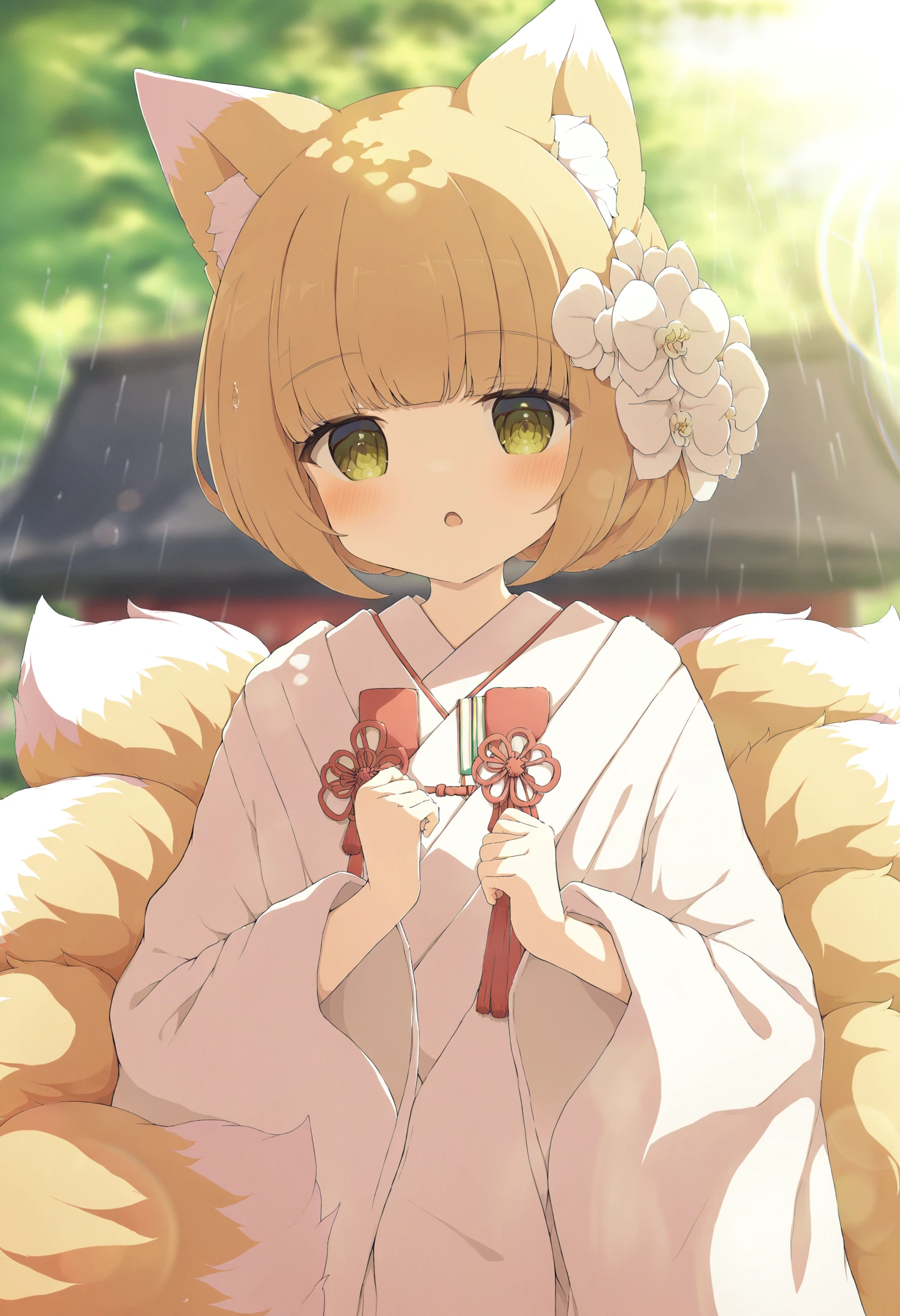 masterpiece, best quality,solo, 1girl, fox tail, animal ears, fox ears, japanese clothes, tail, kimono, hair flower, flower, hair ornament, fox girl, white kimono, animal ear fluff, white flower, looking at viewer, blush, uchikake, blurry, wide sleeves, kitsune, blonde hair, multiple tails, blurry background, long sleeves, short hair, :o, holding, depth of field, rain, yellow eyes, upper body, outdoors <lora:ã¡ãã¿ã¾ãXLlokr4f-000186:0.95>