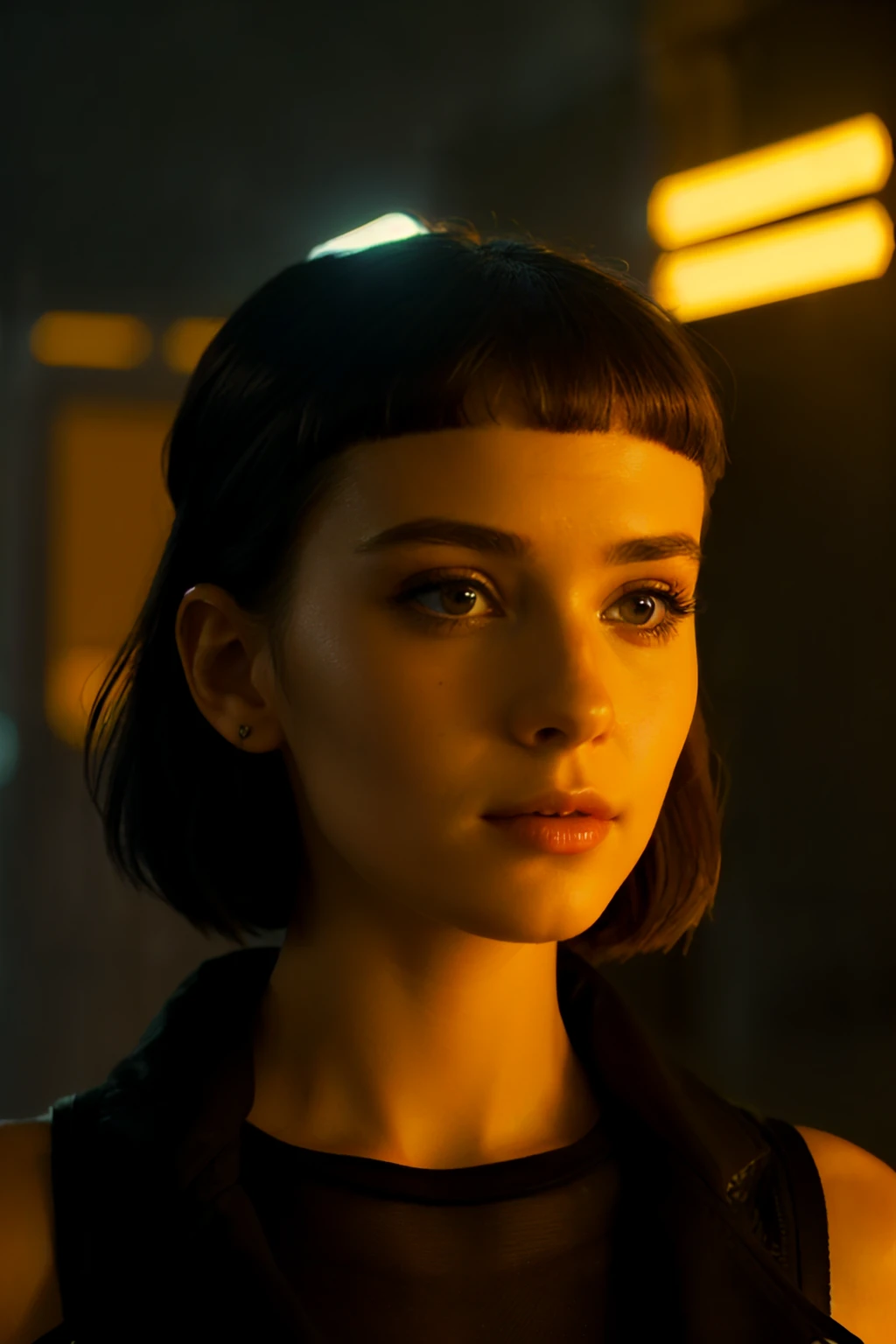 bladerunner 1girl, bright lighting, looking at viewer, dystopian, cyberpunk, streetwear, portrait (orange lighting:1) <lora:bladerunnerv2-1:1>