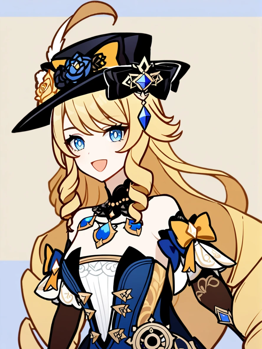 1girl, 
navia \(genshin impact\),  
solo, blue eyes, open mouth, gloves, upper body, jewelry, black gloves, black hat, looking at viewer, bare shoulders, :d, blonde hair, hat, long hair, detached sleeves, drill hair, smile, very long hair, 
  safe
 <lora:mki-ani31-GenshinPV-v2-000012:1>