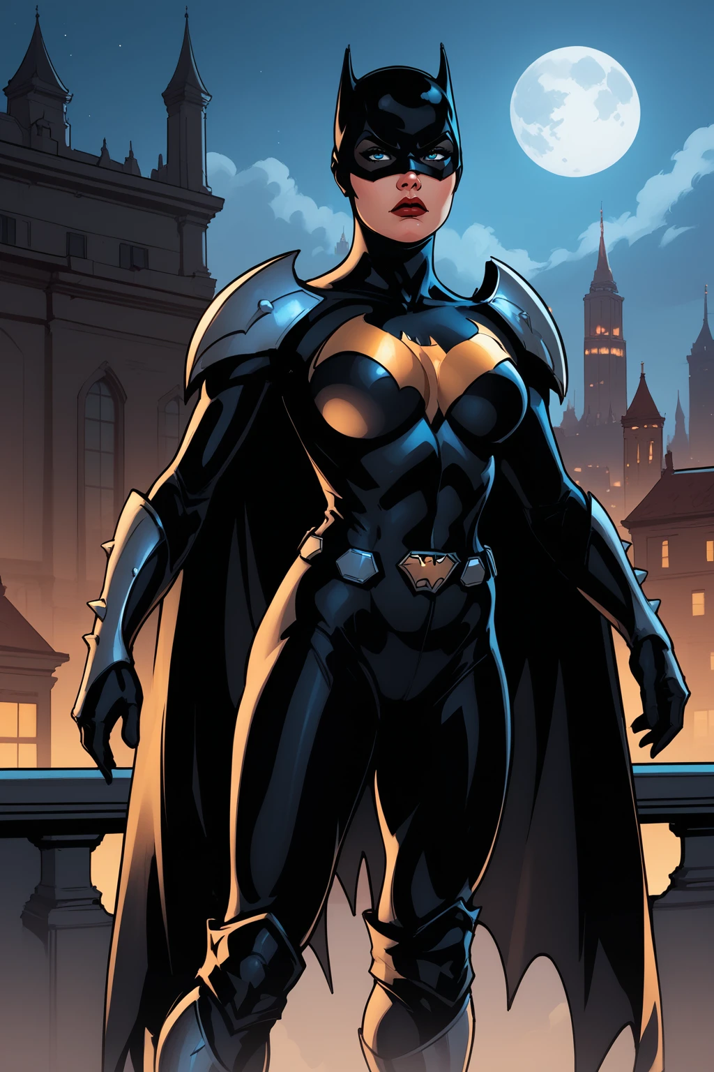 score_9, score_8_up, score_7_up, masterpiece, high quality, BREAK
<lora:Elseworld BatgirlPonyLoRA:0.8>elswrldbtgrl, mask, shoulder armor, bodysuit, cape, bracer, gloves, belt, greaves, serious look, on a rooftop, city lights, moon, floating cape, upper body