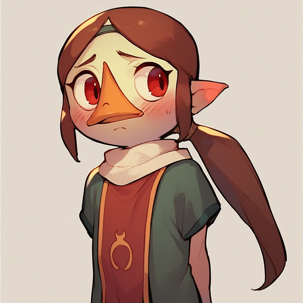 score_8, score_9, medli, brown hair, red eyes, beak, pointy ears, ponytail, blush, shy, hands behind back