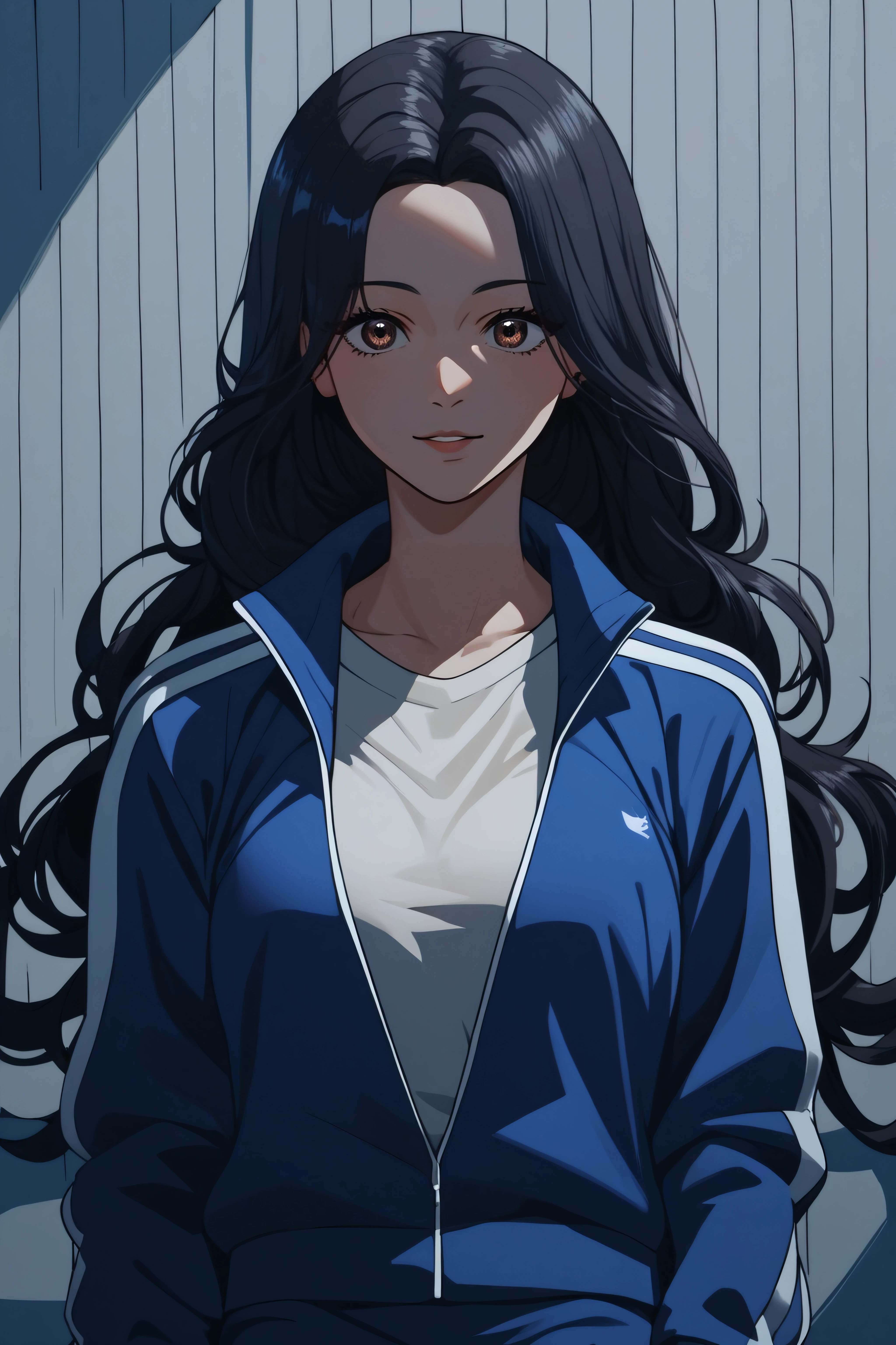 score_9, score_8_up, score_7_up, source_anime, <lora:Geum-Ok Yeon-PonyXL-lora-Faxtron:0.8> geum-ok yeon, brown eyes, black hair, long hair, medium breasts, track jacket, track pants,