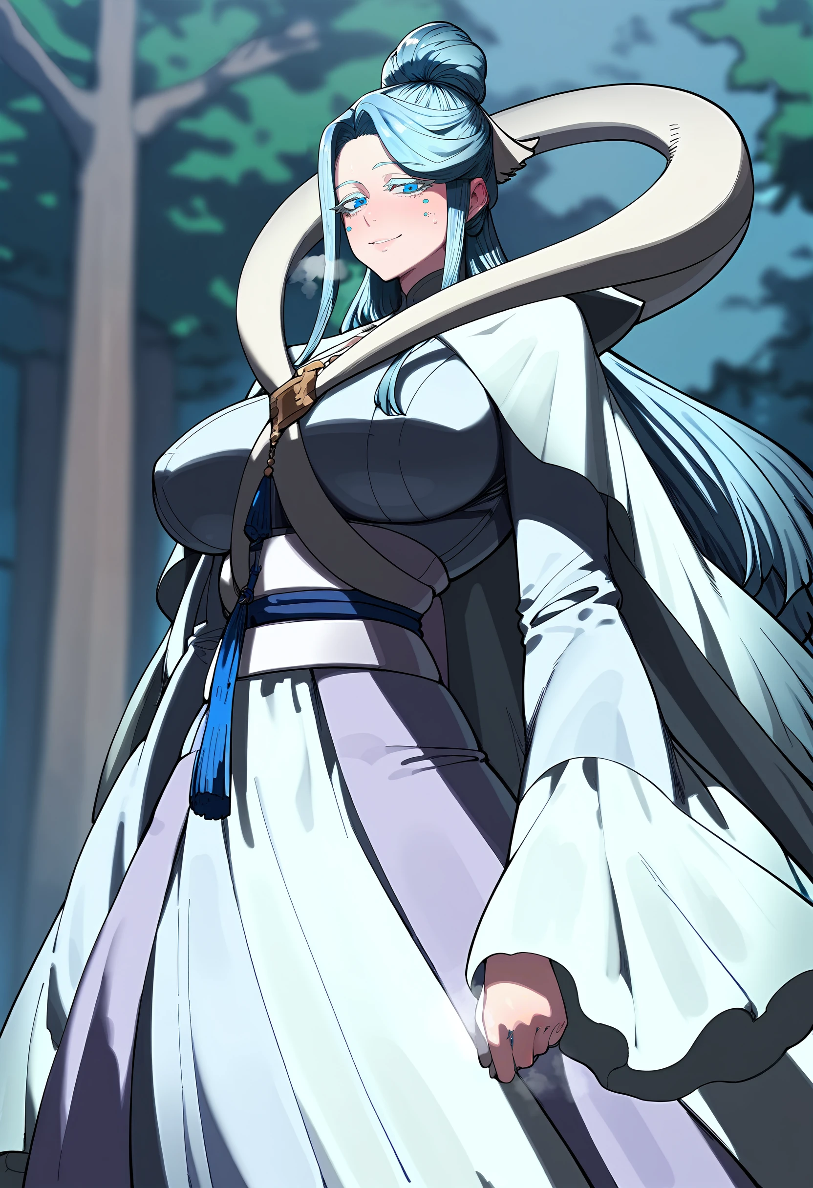 score_9, score_8_up, score_7_up, score_6_up, source_anime, rating_explicit, <lora:neg4all_bdsqlsz_V3.5:2.0>1girl, (solo:1.2), huge breasts, <lora:naeng-agbiponyxl:1> long hair, blue eyes, single hair bun, grey hair, colored eyelashes, sidelocks, blue hair, facial mark, smile, half-closed eyes, long sleeves, wide sleeves, sash, white dress, white cape, Narrow shoulders, heavy breathing, sweat, steaming body, forest, outdoor, looking at viewer