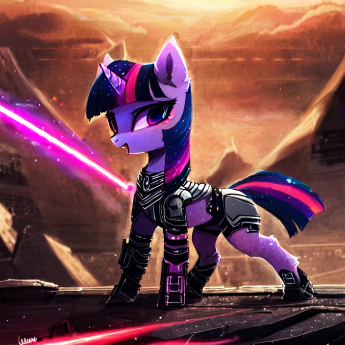 safe, solo, twilight sparkle, laser, scifi, pony, mare, futuristic battlefield, artist:lumineko, artist:magnaluna