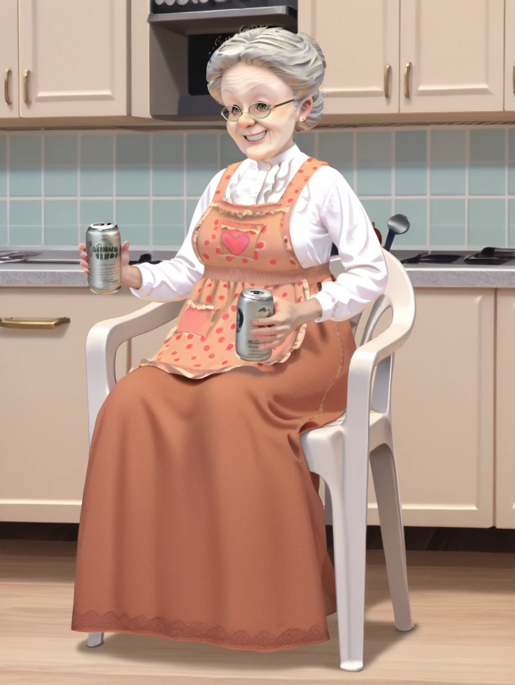 score_9, score_8_up, score_7_up, score_6_up, uncensored,  source_anime, rating_safe,anime screencap,
BREAK,
solo,
 <lora:vgrandmother:0.8>,vgrandmother, old woman, apron, long skirt, shirt, glasses, old, 
 , open eyes,
line art,
<lora:PlasticChair_XLPD:1>,plastic chair,
sitting chair,
grin,beer can, kitchen,