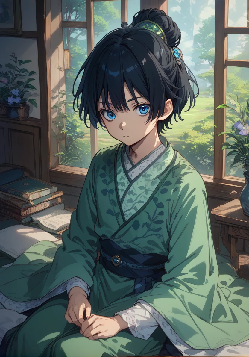 score_9, score_8_up, score_7_up, masterpiece, best quality, 1boy,  solo,  black hair, short hair, hair ornament, blue eyes, sitting, <lora:KitsuneHanfuV1:1>, KitsuneHanfu, green hanfu