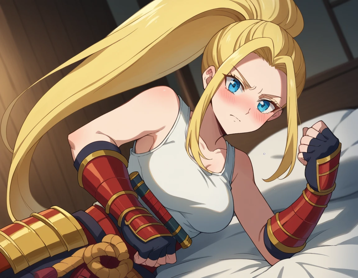 score_9, score_8_up, score_7_up, source_anime,
beatrixamerhauser, <lora:beatrix-amerhauser-s1-ponysdxl-lora-nochekaiser:1>,
beatrix amerhauser, long hair, blue eyes, blonde hair, gloves, ponytail,
gloves, fingerless gloves, armor, japanese armor, tank top, white tank top,
indoors, bed, bed room, on side, blush, drunk,
looking at viewer, cowboy shot, dutch angle, solo,