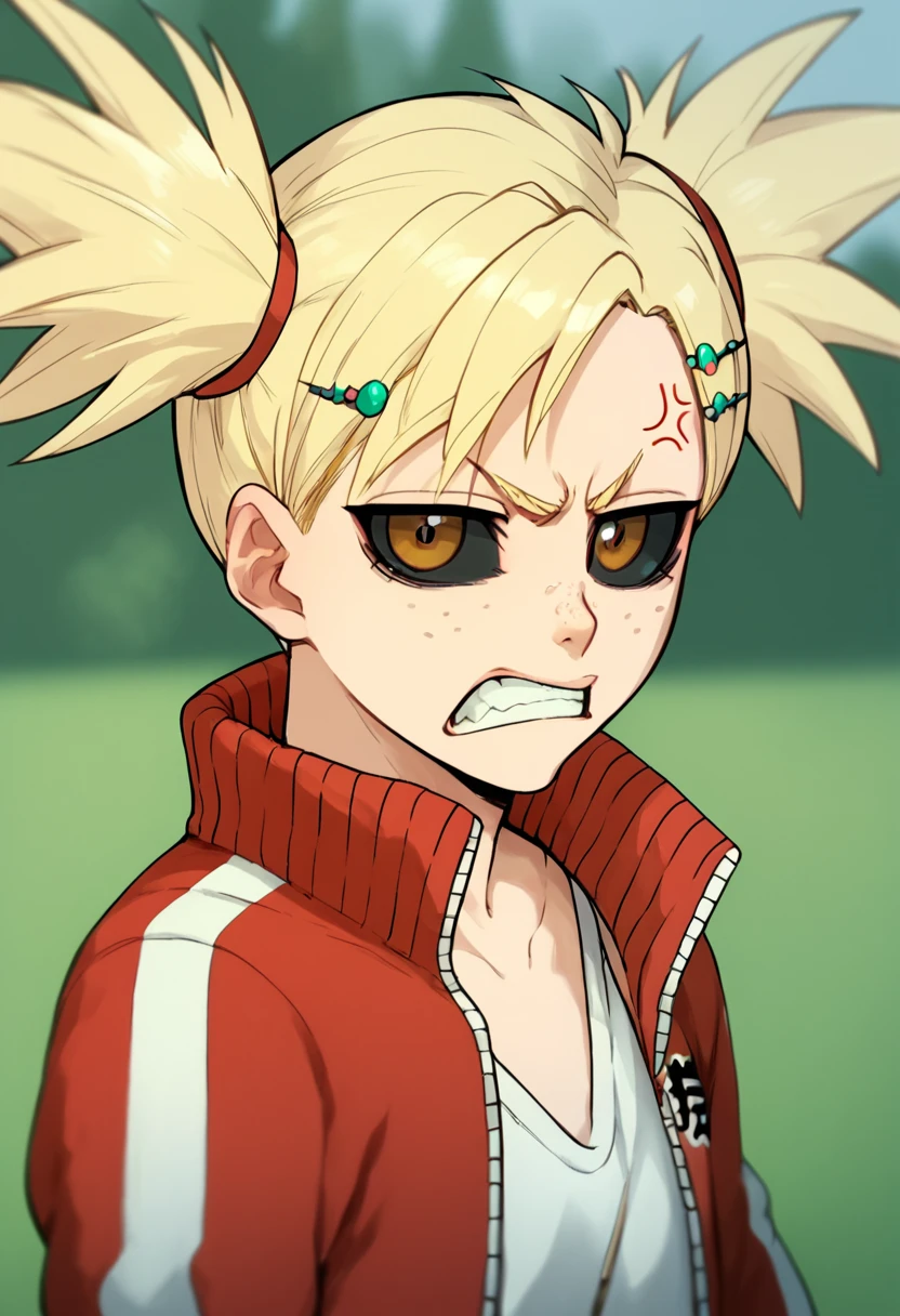 hiyorisarugaki, 1girl, blonde hair, solo, track jacket, hairclip,clenched teeth, short twintails, freckles, brown eyes, tank top, angry, outdoors, anger vein, looking at viewer ,open mouth, <lora:HiyoriSarugakiPony1.2:1>, score_9, score_8_up, score_7_up, score_6_up, score_5_up, score_4_up, looking at viewer,track suit black sclera,