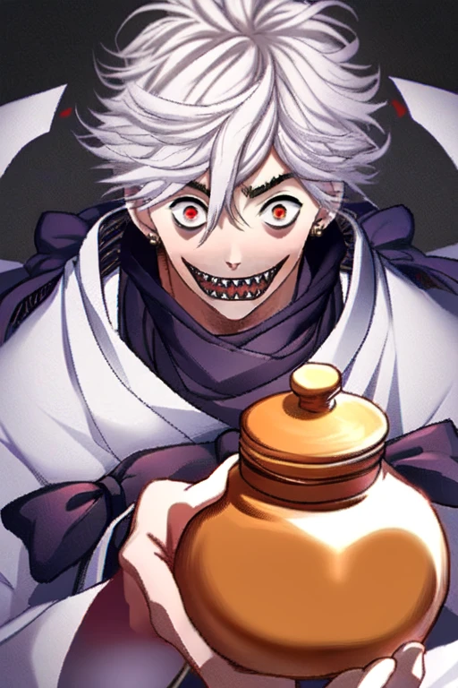 (masterpiece),(best_quality),1boy,Yakushi,purple bow,poncho,wide sleeves,crazy eyes,sharp teeth,holding jar,white hair,<lora:Yakushi:1>,