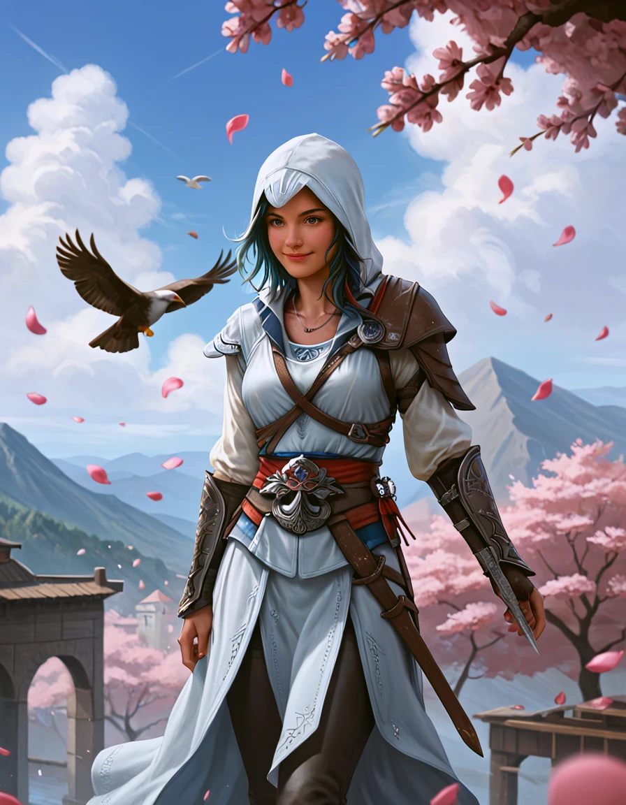 score_9, score_8_up, score_7_up,
1girl,eula wearing ez1o armor, blue hair,
 bird, black hair, blue sky, cherry blossoms, cloud, cloudy sky,  day,  falling petals, feathers, flower, hood, jewelry, male focus, mountain, outdoors, petals, rose petals, sky, smile, solo, standing, sword, watercraft, weapon, wind,  avian, human, feral, group, hair, outside, necklace, flying, mammal, hi res,  flower petals, gull, melee weapon, passerine, lari, larid, oscine
 <lora:ezio:0.8>