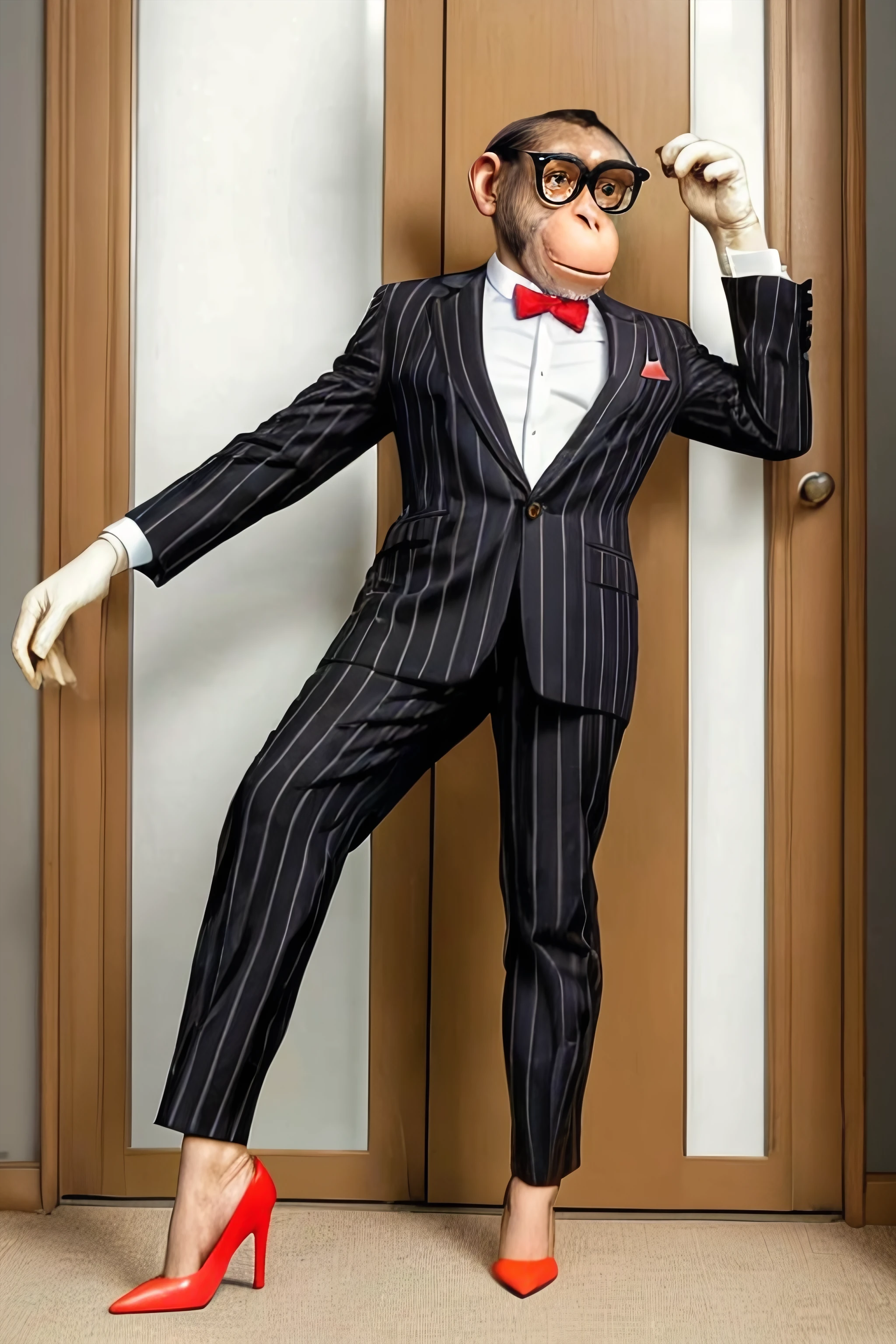an irritated chimp who correctly believes he is smarter than you with wire-rimmed glasses clutching his nose after walking into an almost invisible closed glass door with a crack in it from the impact wearing striped pantaloons and <lora:0Wsh03s:1> 0Wsh03s, high heels, close-up, strappy heels,