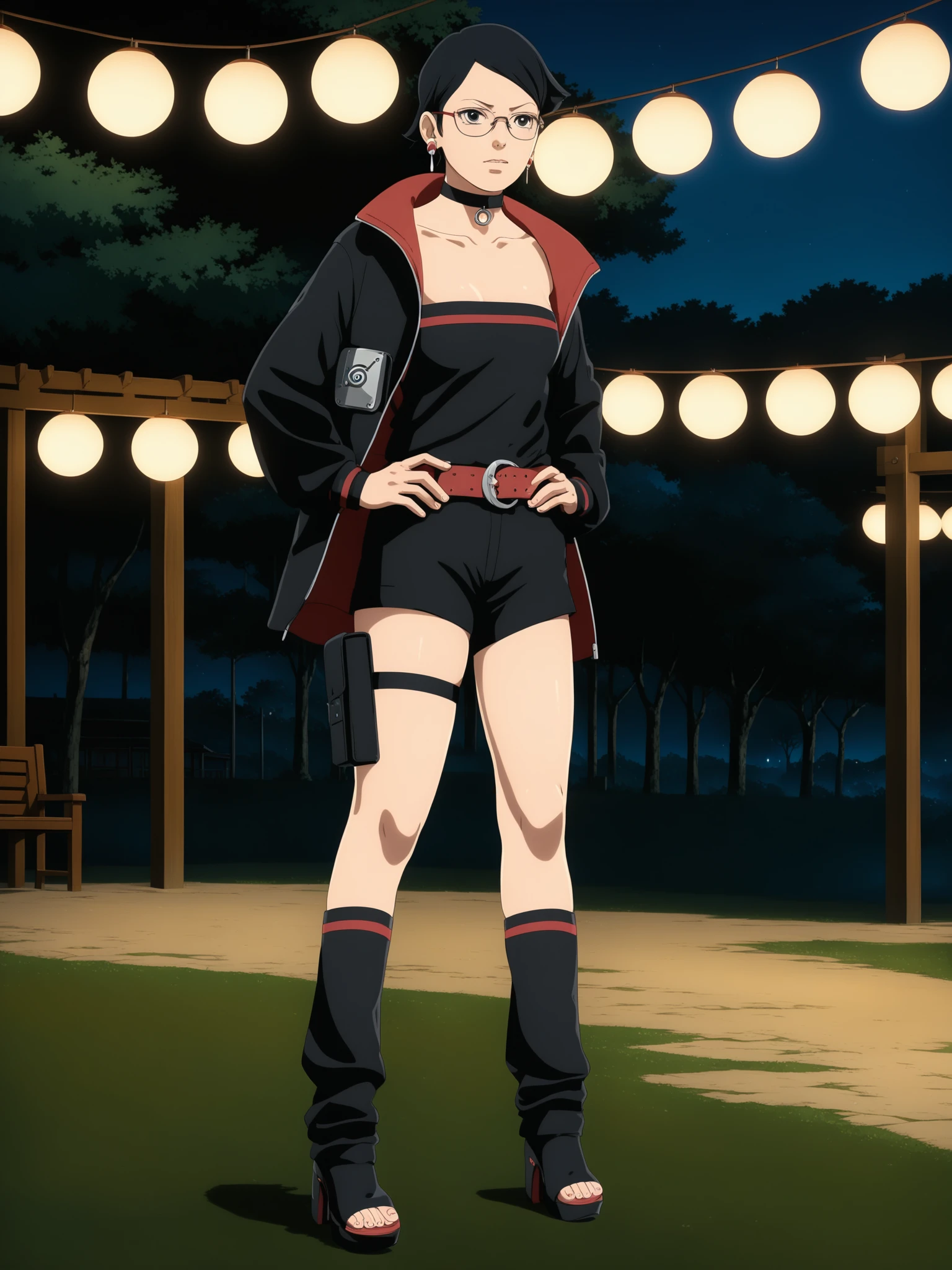 sarada uchiha, woman, glasses, earrings, o-ring choker, black jacket, konohagakure symbol, black shorts, belt, (thigh holster, thigh strap, footwear, high-heel sandals, toes:1.4), hand on hip, standing, full body, candid shot, dim lighting, intimate lighting, outdoors, park in background, simple background, bokeh effect, realistic shadows, volumetric lighting, colorful, vibrant, in style of Masashi Kishimoto (anime coloring, anime screencap, Naruto anime style), <lora:add-detail-xl:1>, <lora:sarada_uchiha_sdxl_v1:1>,