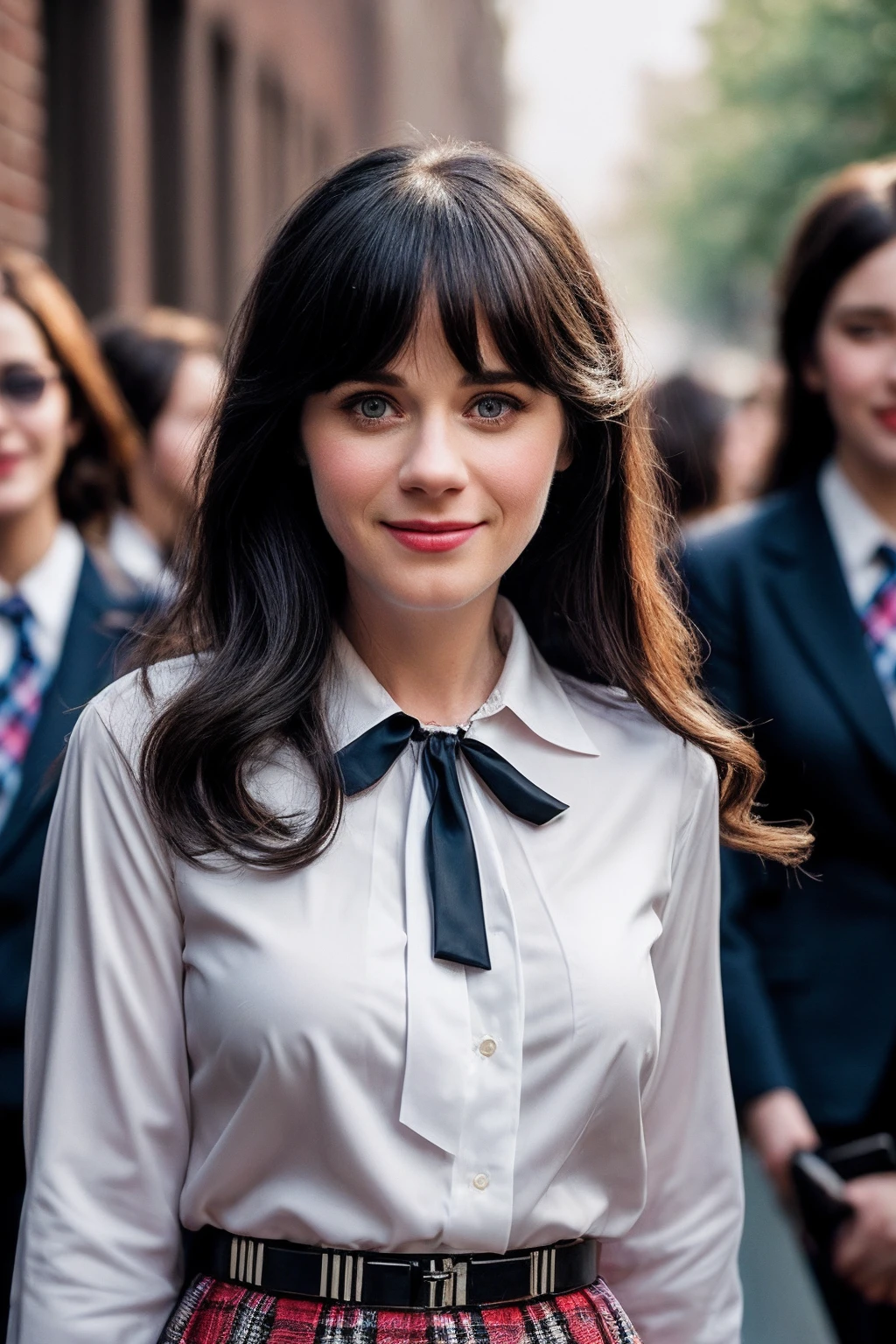ZooeyD_SoloTI_v1,
(happy,smile), (In a plaid skirt and white blouse, with a ribbon tie, for a classic and youthful look), ((A sunlit school courtyard, with friends gathered in groups, a cheerful and carefree atmosphere)), (seductive:1.3),(analog, cinematic, film grain, hazy atmosphere, cinematic shot:1.3),
<lora:add_detail:0.6>, PA7_Portrait-MCU,